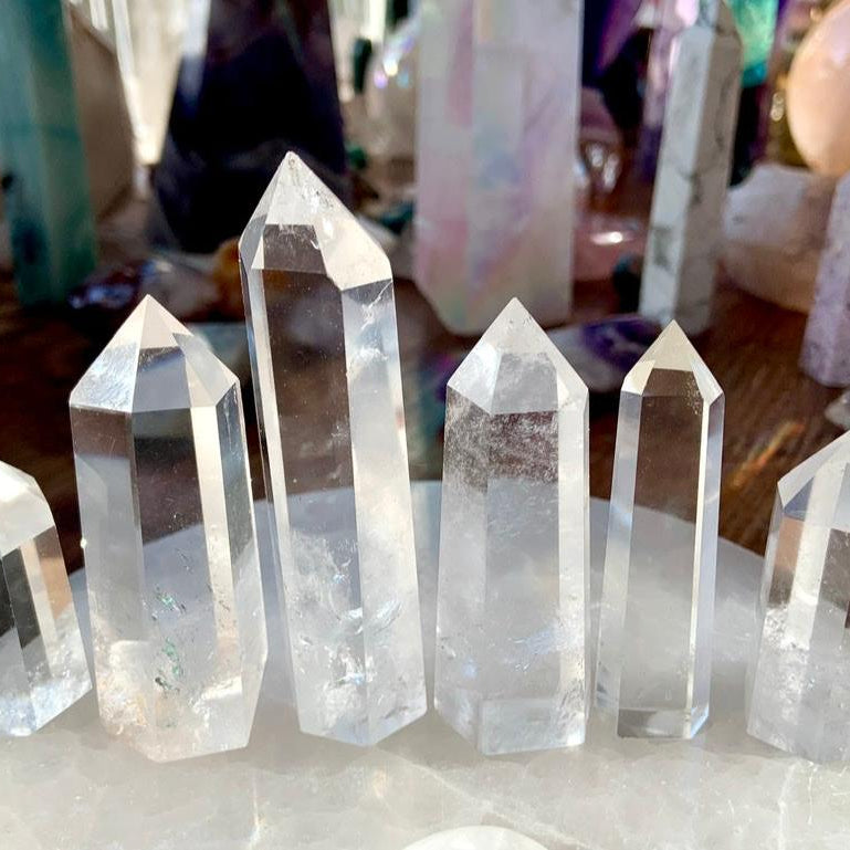 an array of clear quartz points