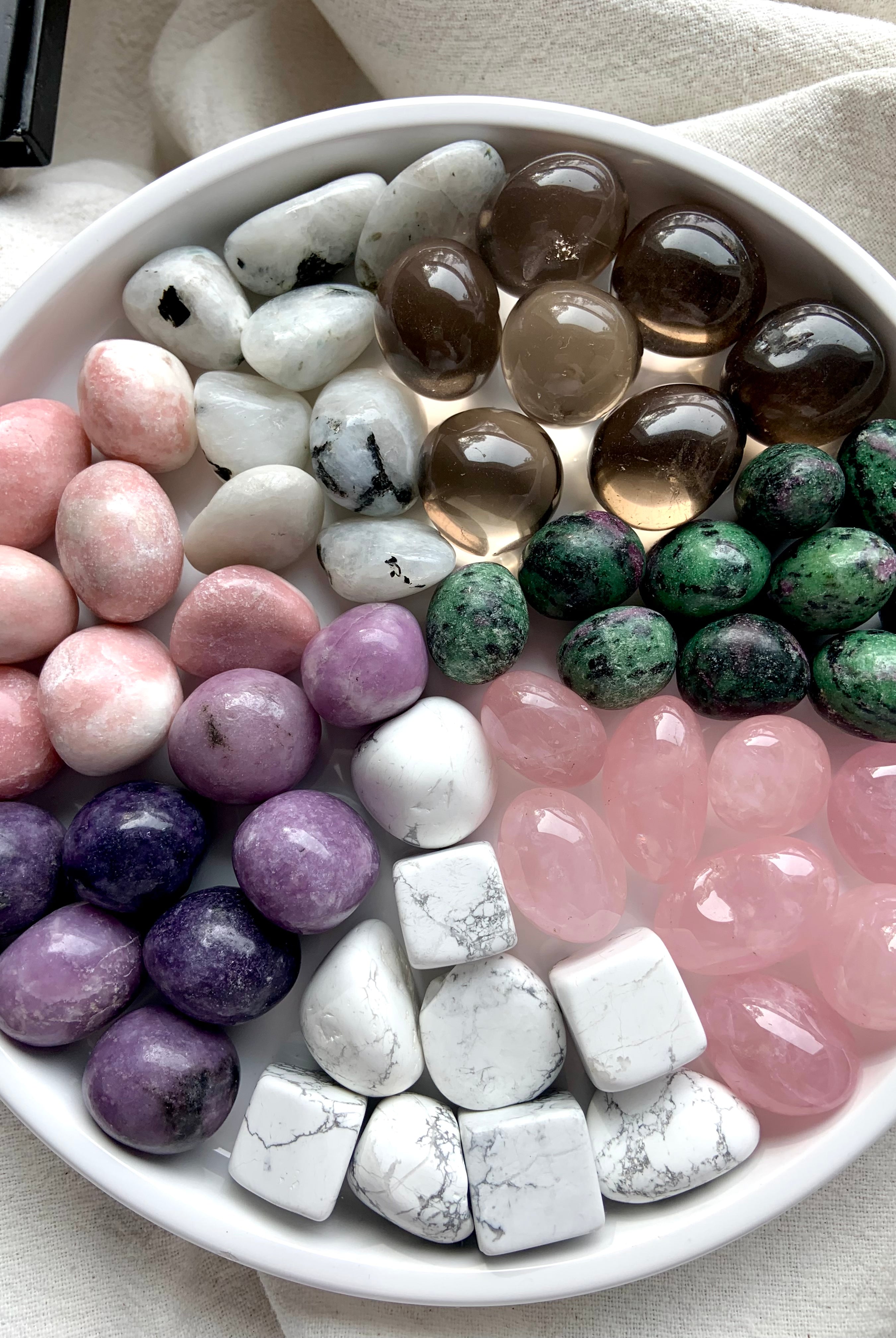 Healing crystals for grief & emotional support: rose quartz, howlite, ruby zoisite, moonstone & more