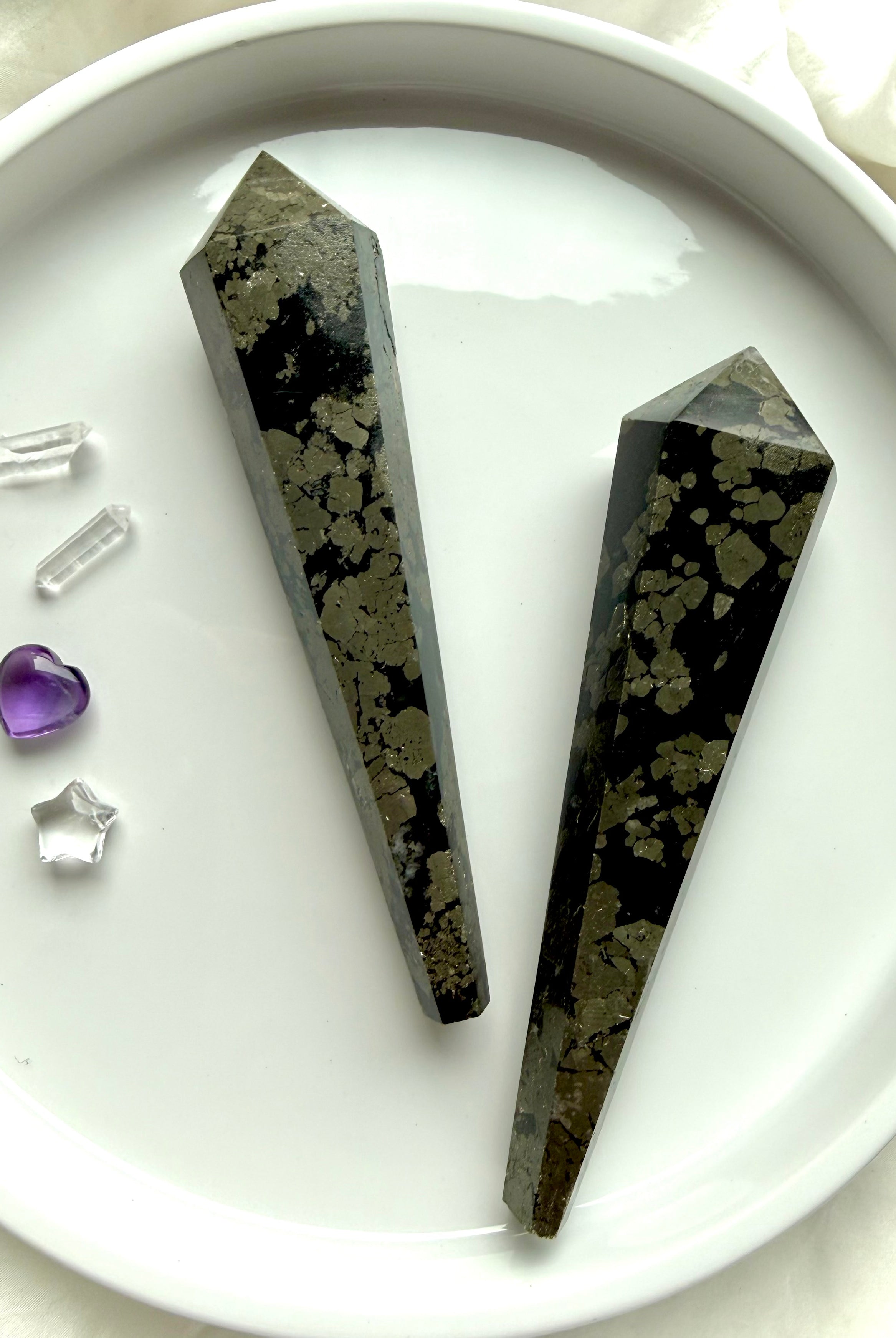 pyrite wand in black matrix polished crystal point for abundance and protection