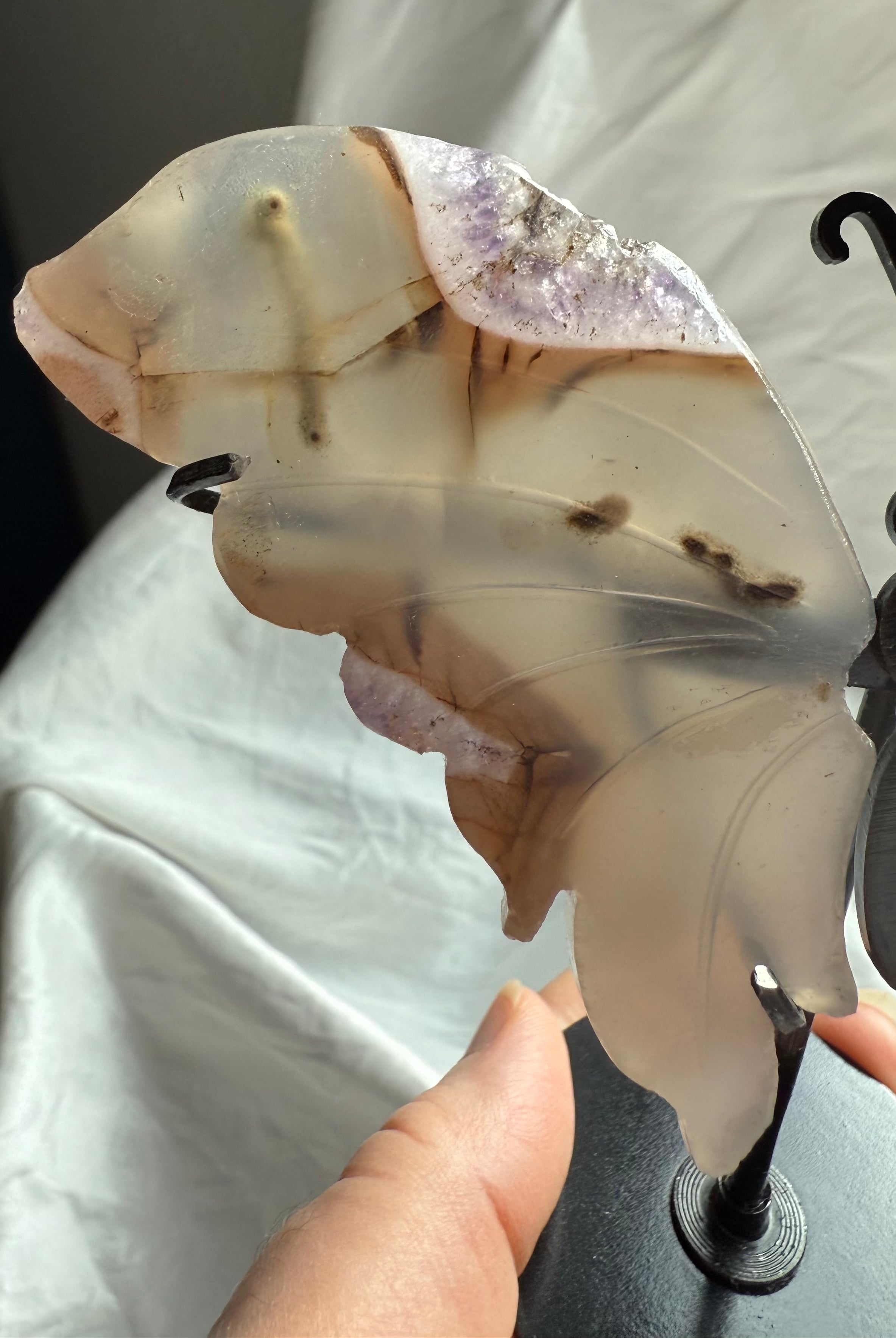 Close-up of carved agate butterfly wings with amethyst druzy edges, showing translucent banding and natural inclusions, unique crystal art piece.