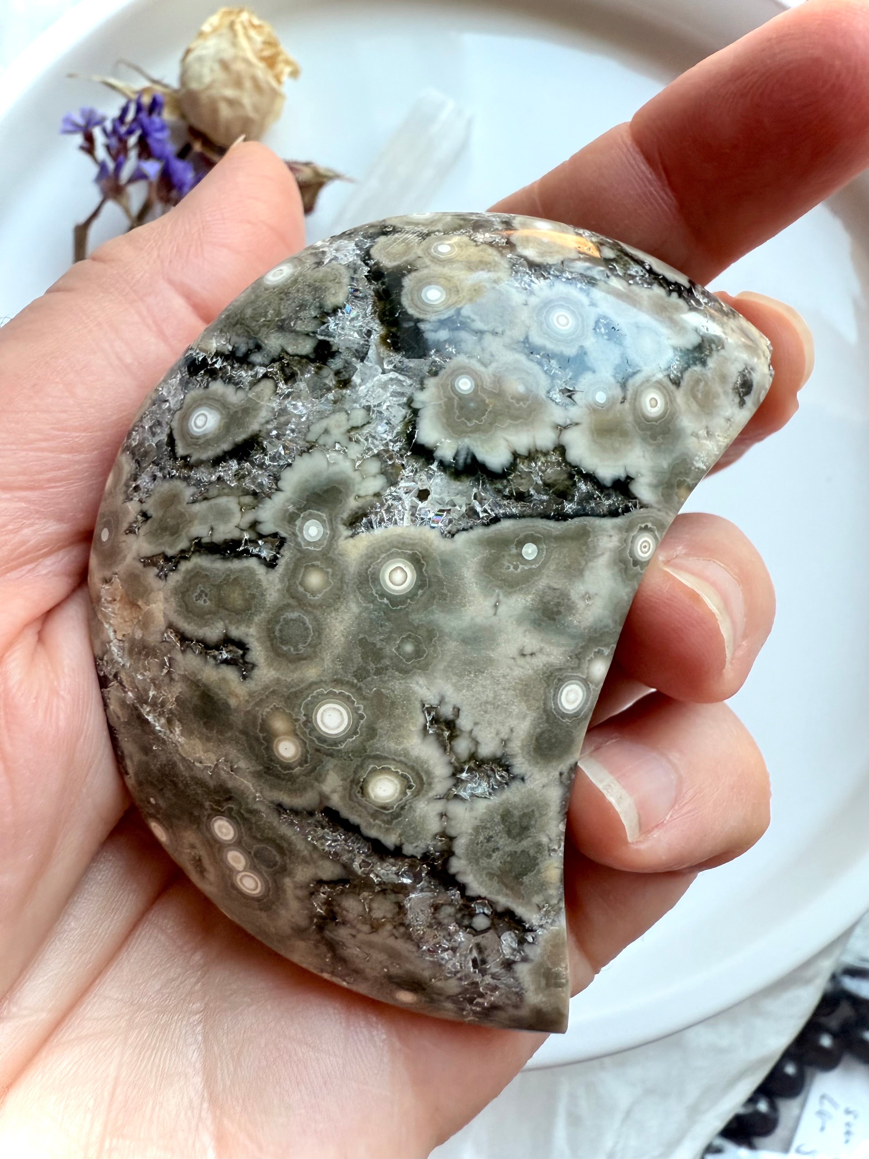 Orbicular Ocean Jasper moon carving with druzy, gray and white starburst patterns, held in hand for size reference