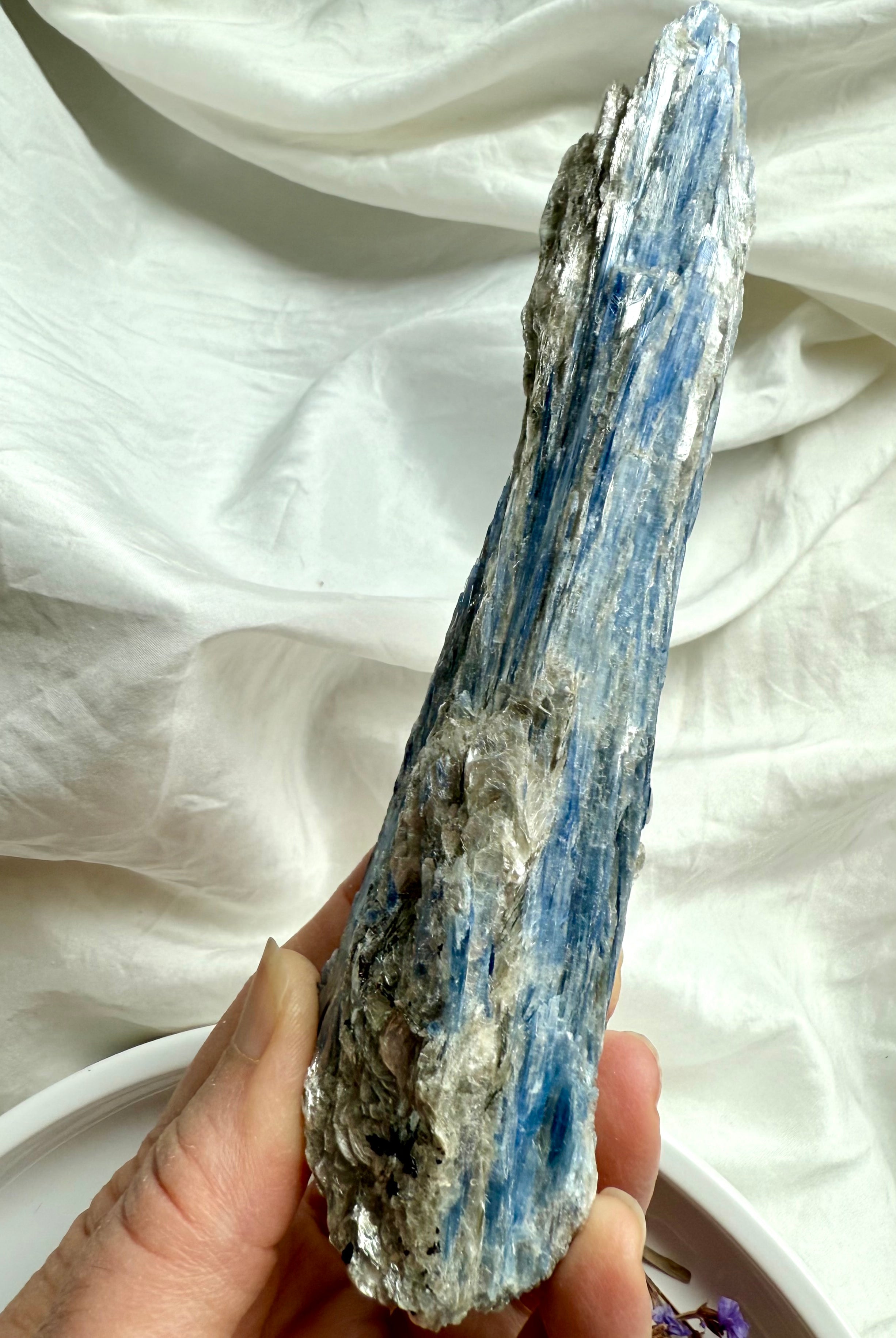 Raw blue kyanite blades with shimmering muscovite mica, high vibration throat chakra crystal for meditation