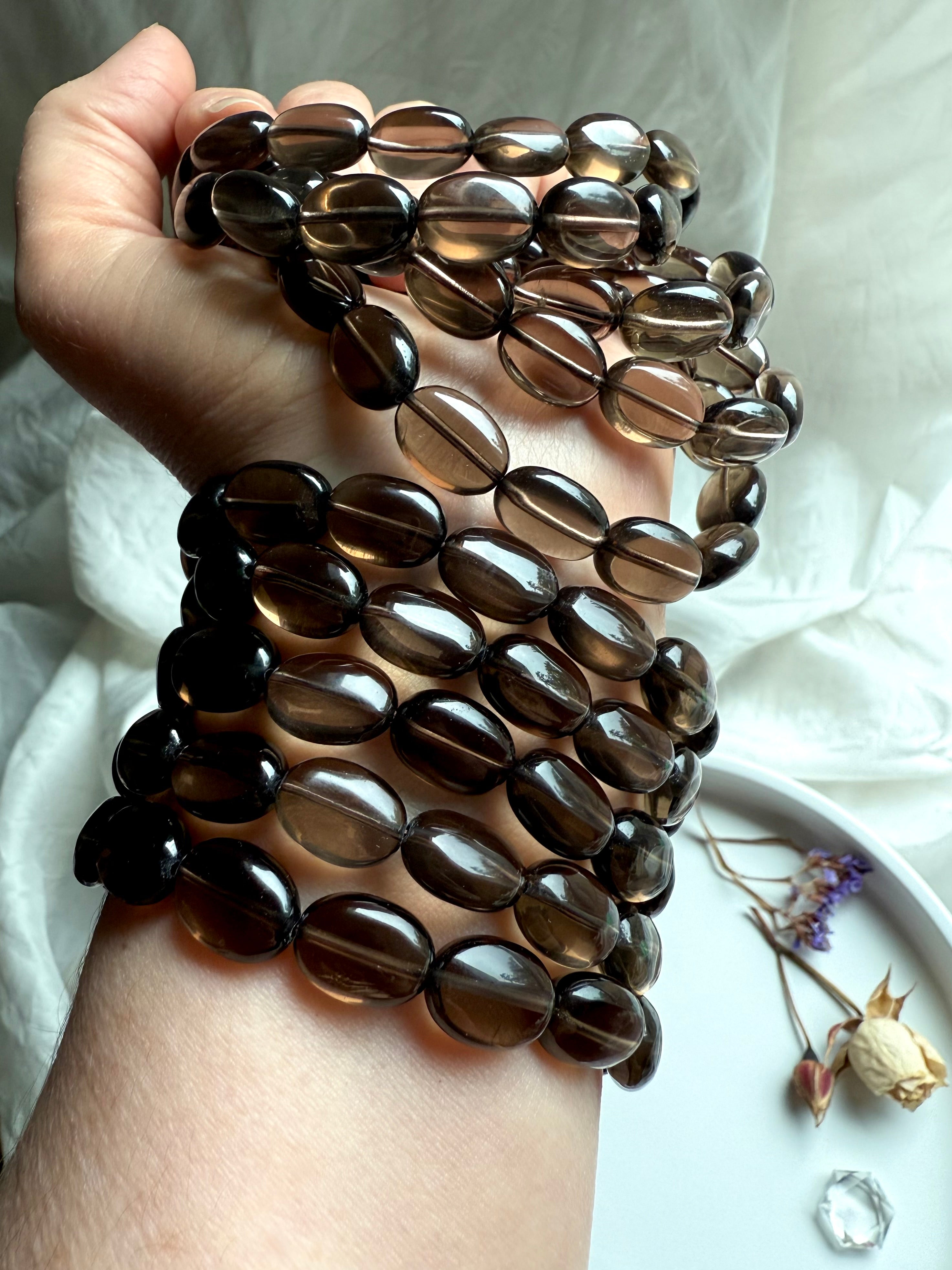 High-clarity Smoky Quartz crystal bracelet – polished flat oval beads for grounding, energy protection, and emotional balance