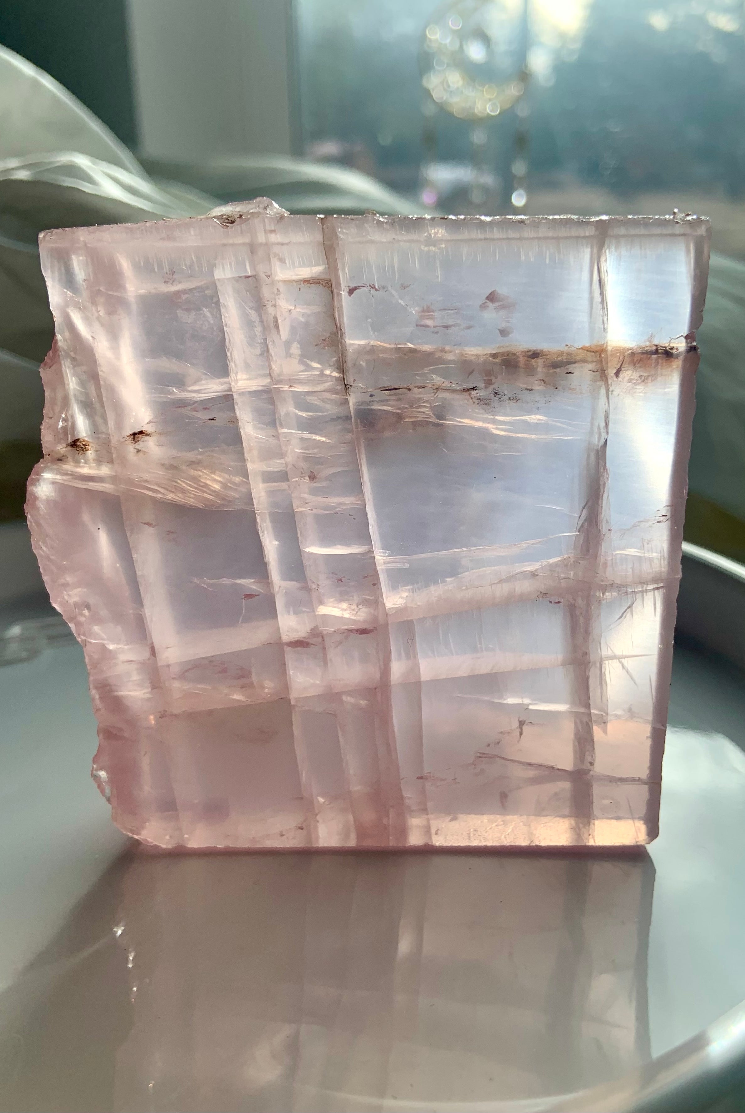 Self-standing Star Rose Quartz Slab from Mozambique shown in natural light