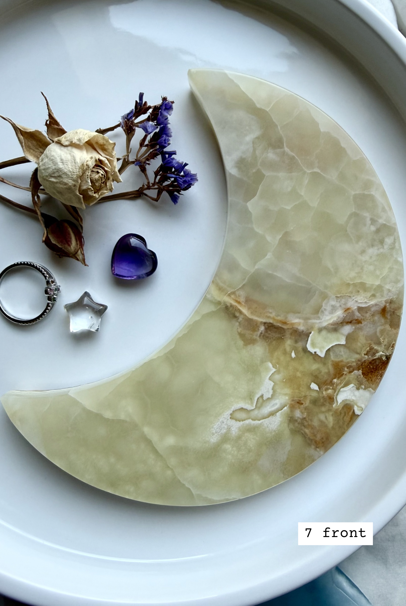 white onyx crescent moon plate # 7 front Mexican onyx crystal moon with green, cream and earthy banding for altar decor