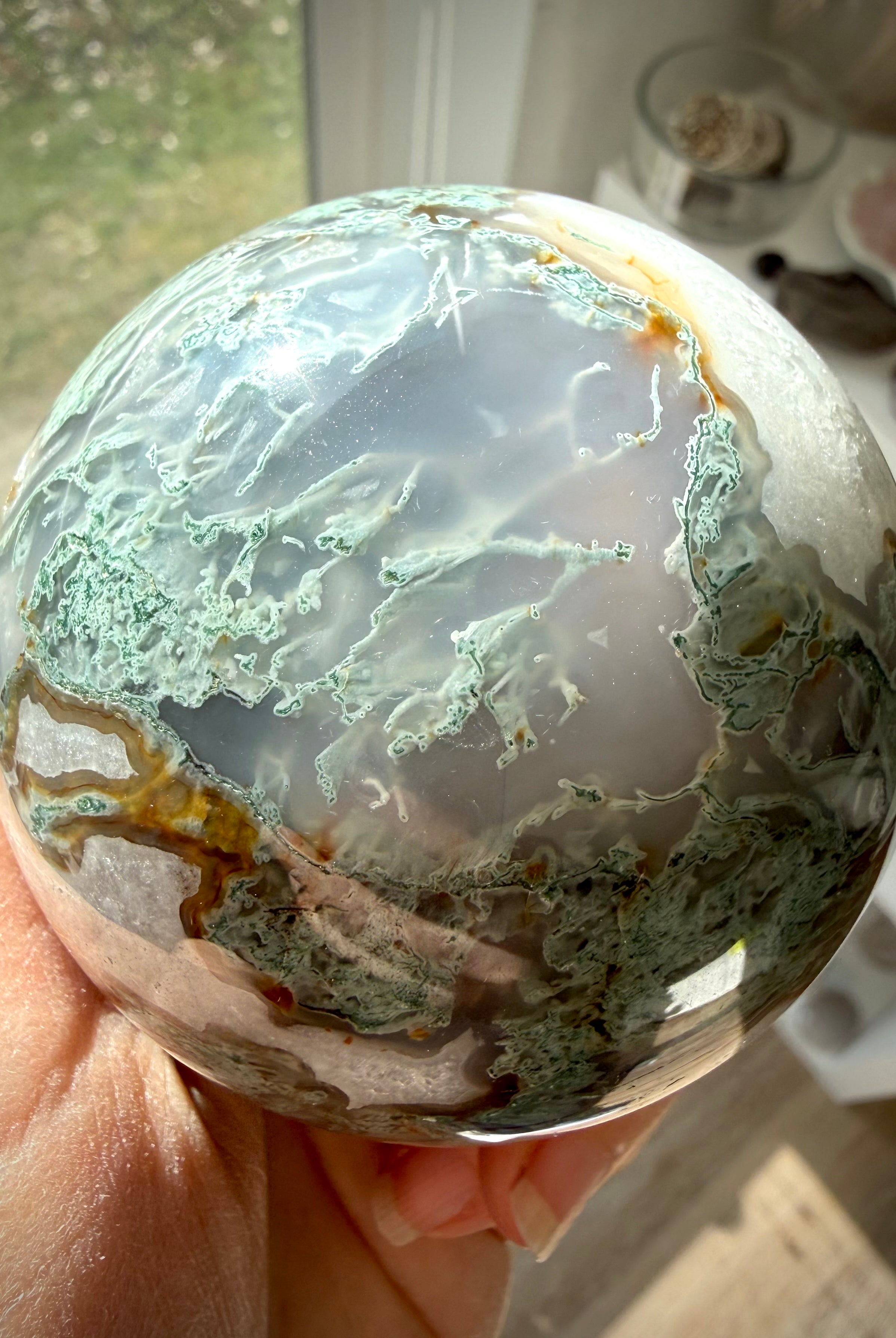 Moss Agate sphere with druzy Quartz pockets and organic patterns for grounding and abundance energy