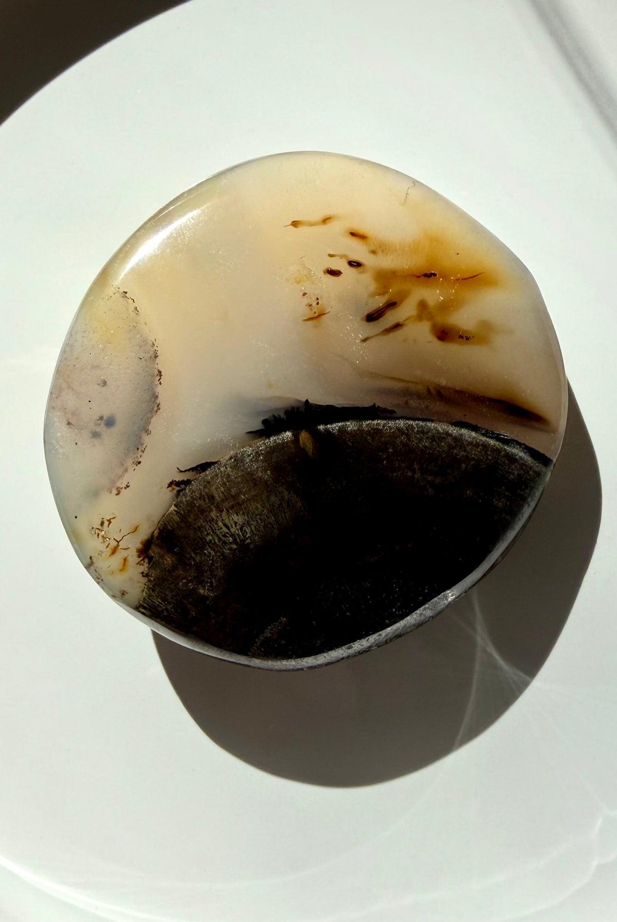 Dendritic Agate crystal freeform with golden banding, dark branching inclusions and earthy brown mineral formations