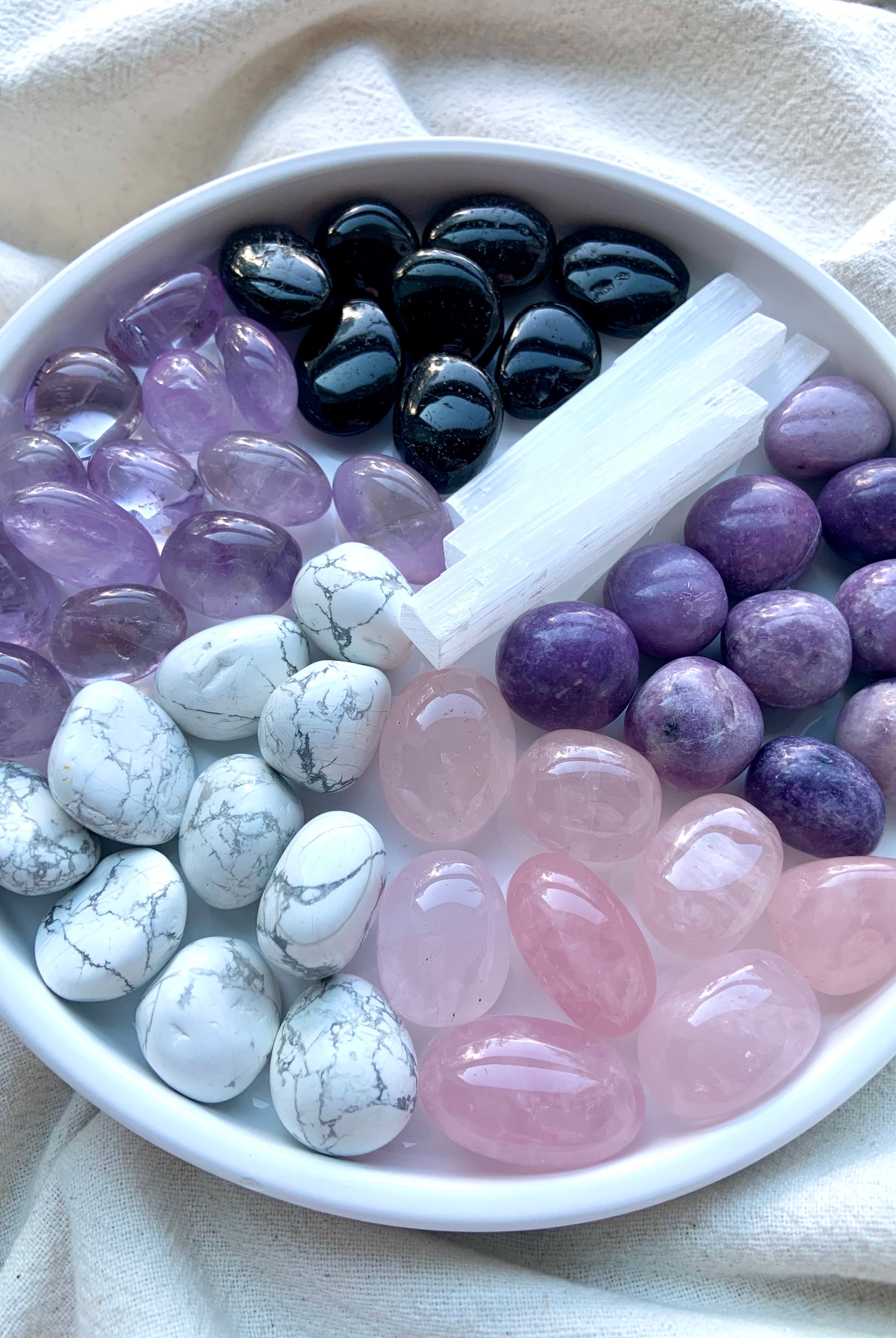 Sweet Sleep Crystal Set stones in a dish: 6 polished crystals for rest, dreams, and relaxation