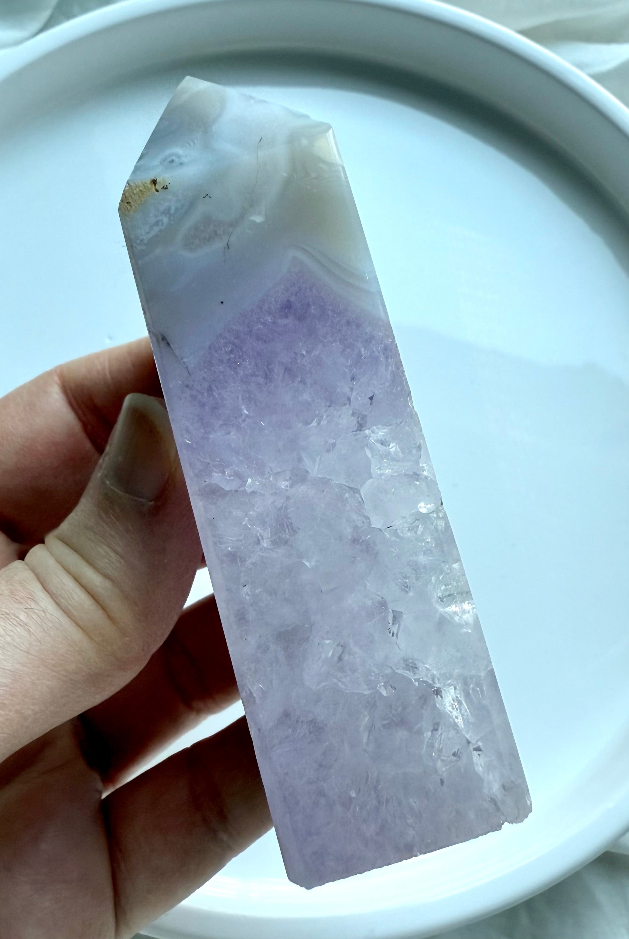 Amethyst Geode crystal point with natural purple druzy and milky agate edge