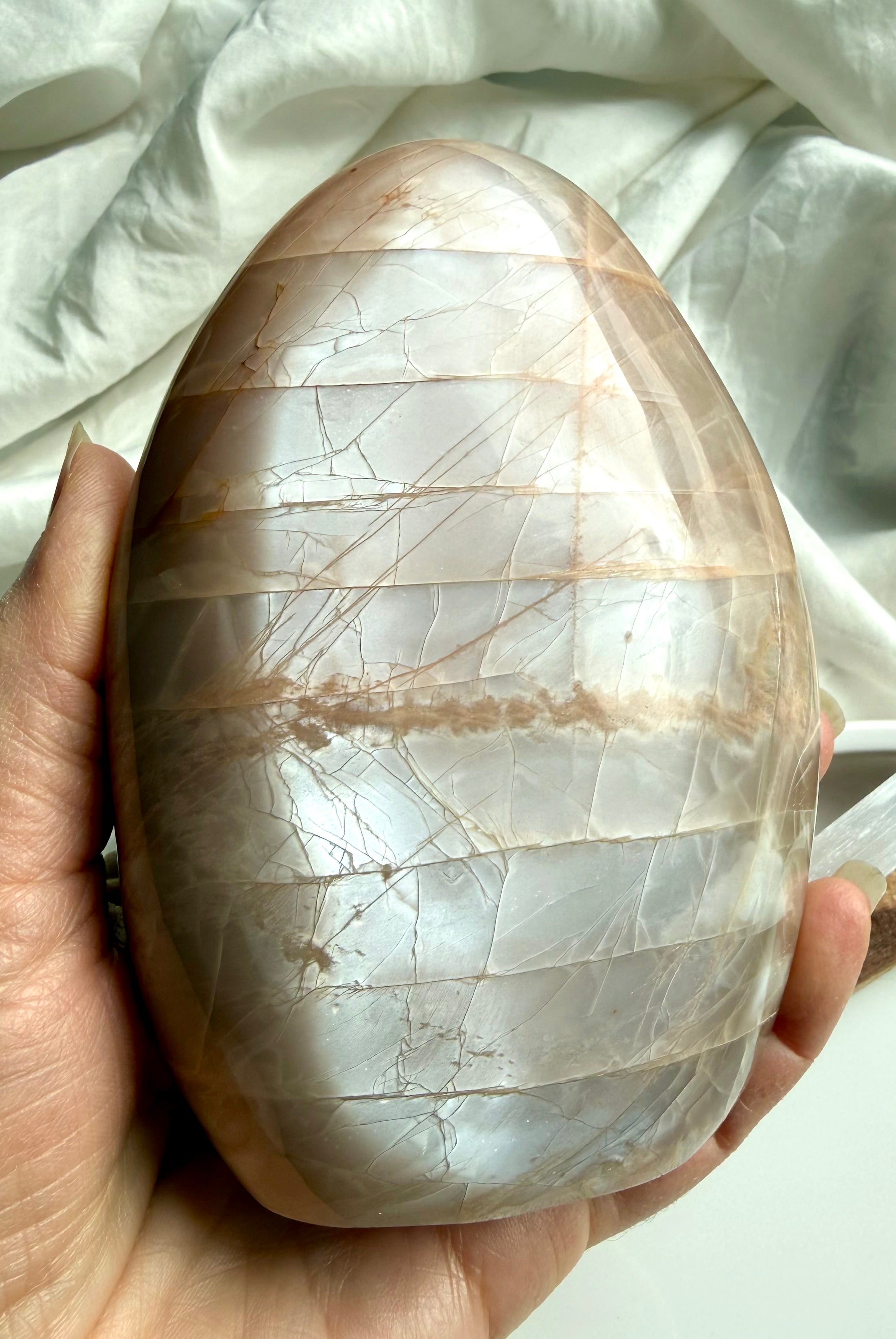 Peach Moonstone freeform with silvery flash and shimmer for intuition, emotional healing, and feminine energy