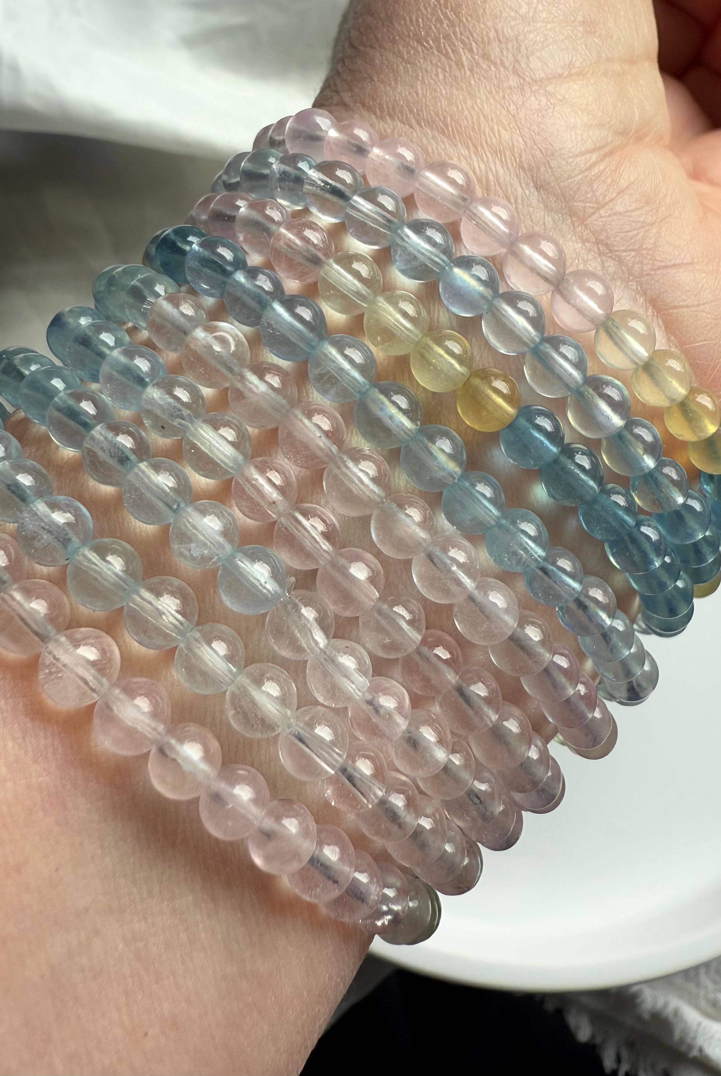 Pastel ombre Morganite + mixed beryl beaded bracelet, Morganite a June birthstone.