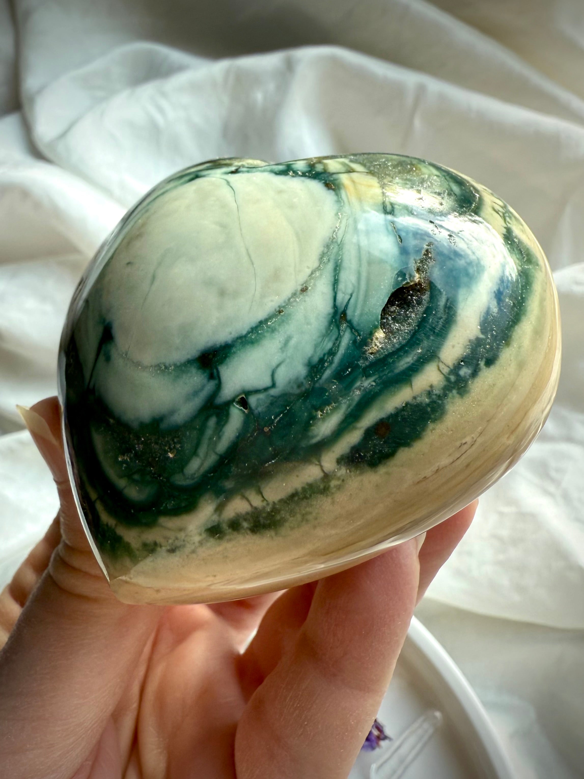 Ocean Jasper crystal heart with forest-green banding and tiny druzy sparkle — handcrafted heart-shaped stone for chakra healing, love, and harmony