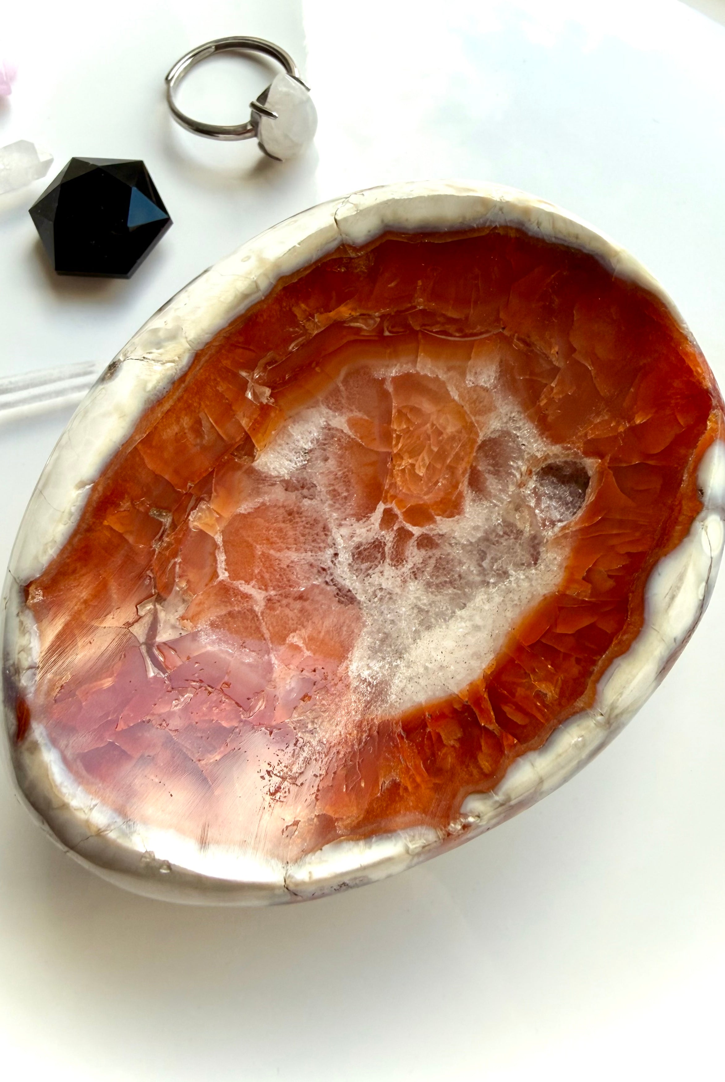 carnelian crystal bowl with white quartz center and agate banding polished natural stone dish for jewelry and altar use