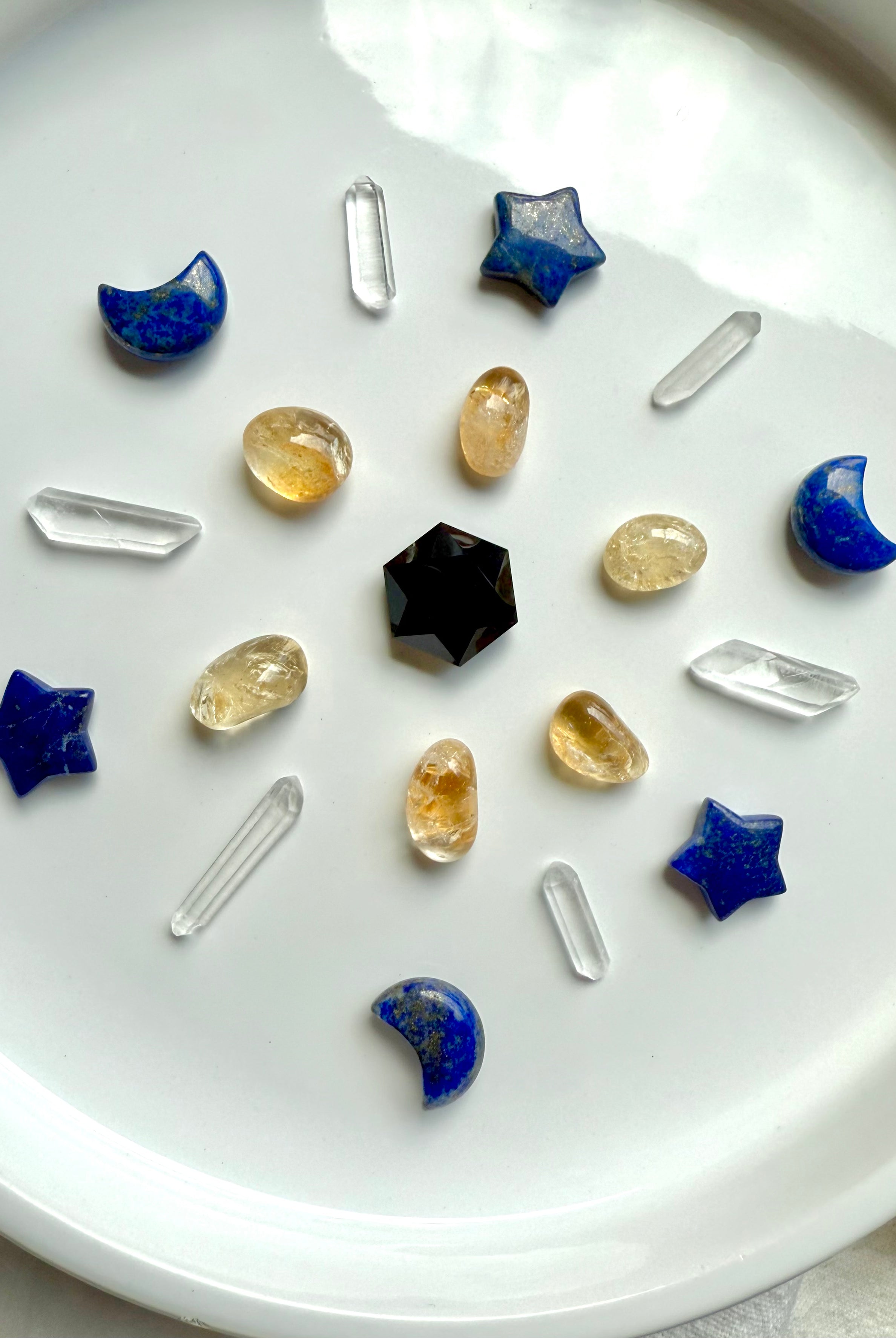 Crystal grid with Mini Lapis Lazuli crescent moons and stars for intuition and clarity