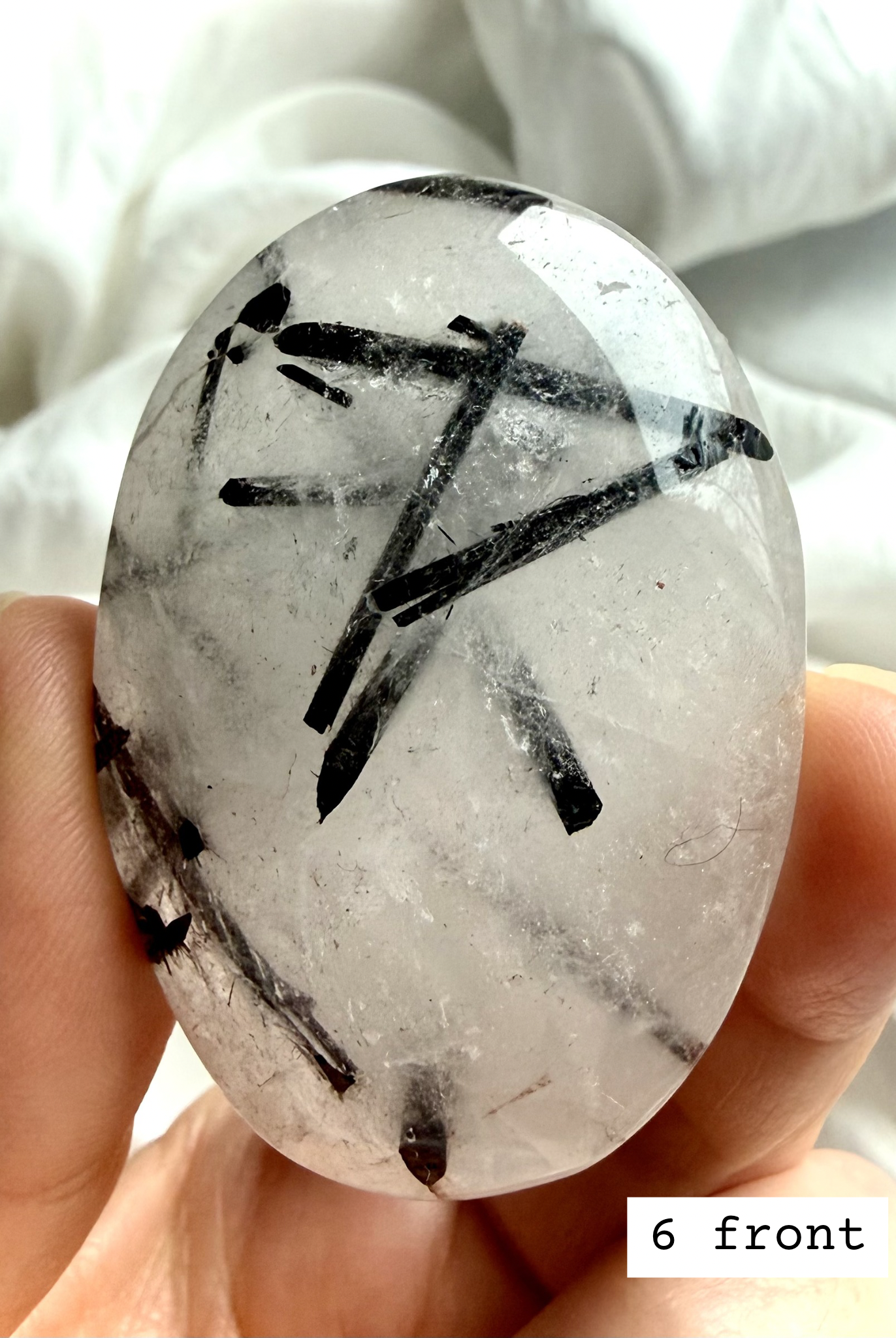 Black Tourmaline in Quartz palm stone 6 front view polished Tourmalinated Quartz crystal