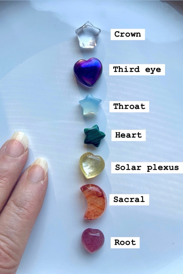 7 mini chakra crystals aligned by energy center from root to crown, labeled with a hand for scale