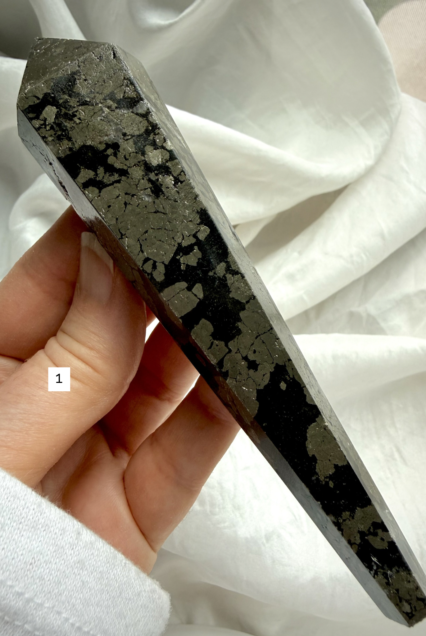 pyrite wand in black matrix polished crystal point option 1 abundance stone