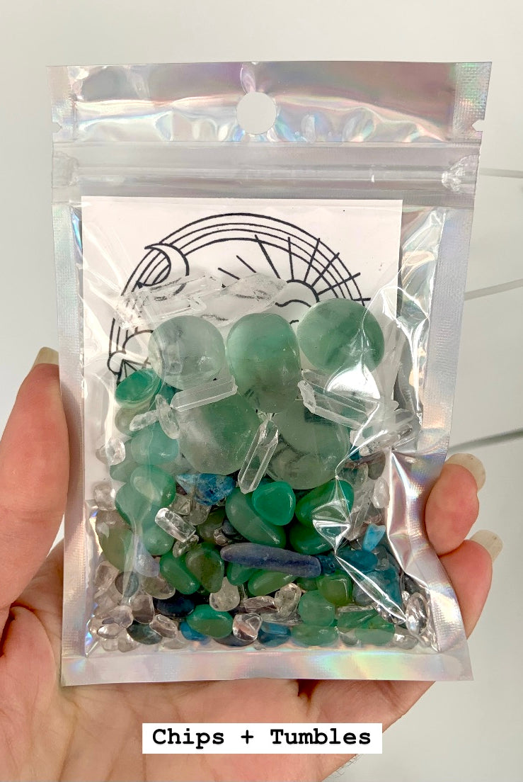 Show the packaging for the Mermaid Crystal Confetti Mix with the chips and tumbles