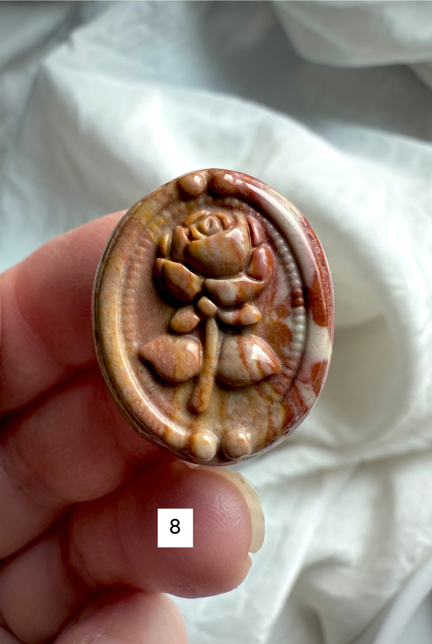 Polychrome Jasper Rose carving #8 close-up with rich caramel, mocha, and cream marbling