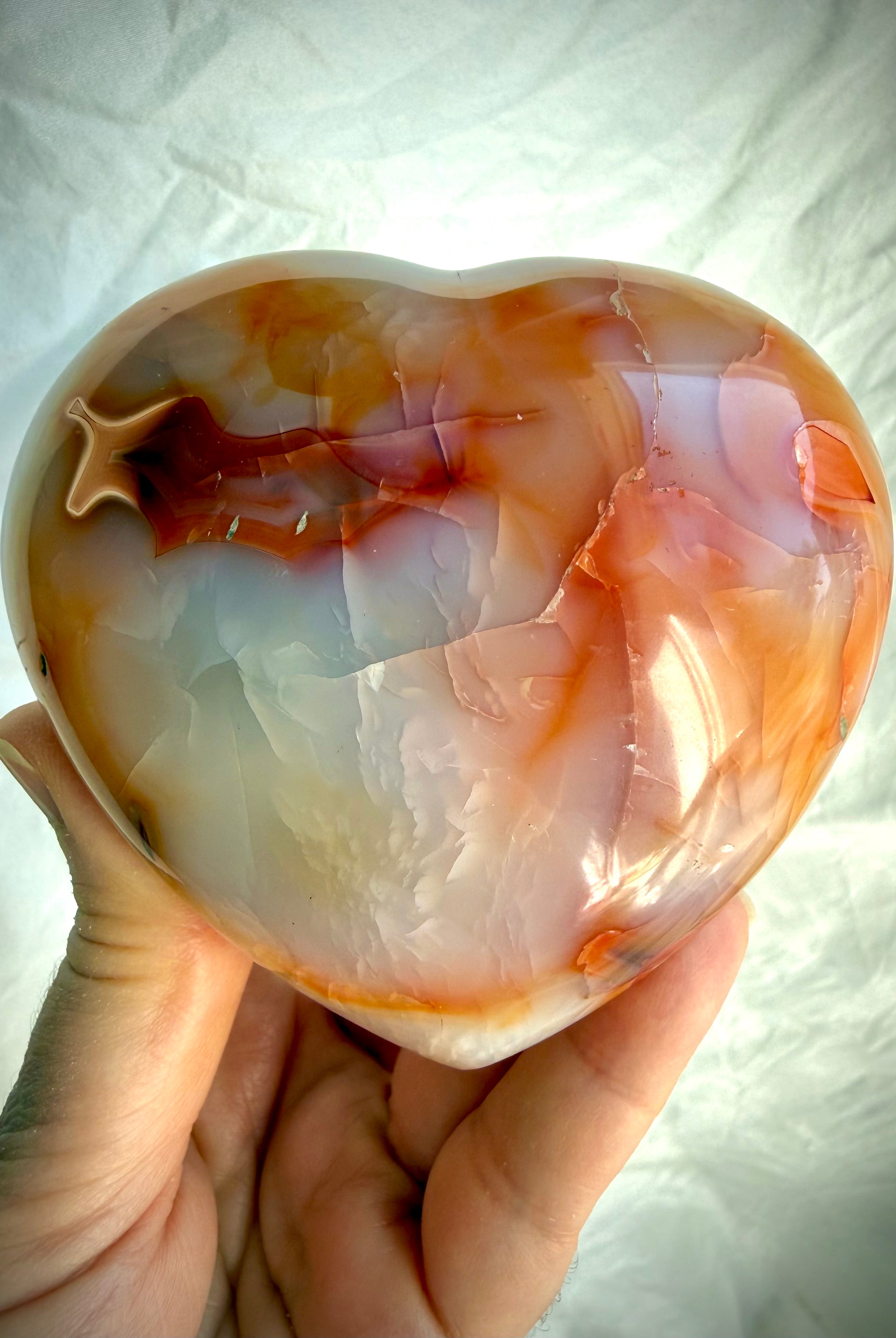 Carnelian heart crystal with warm orange, cream and honey banding, polished one-of-a-kind Sacral Chakra stone for creativity and confidence