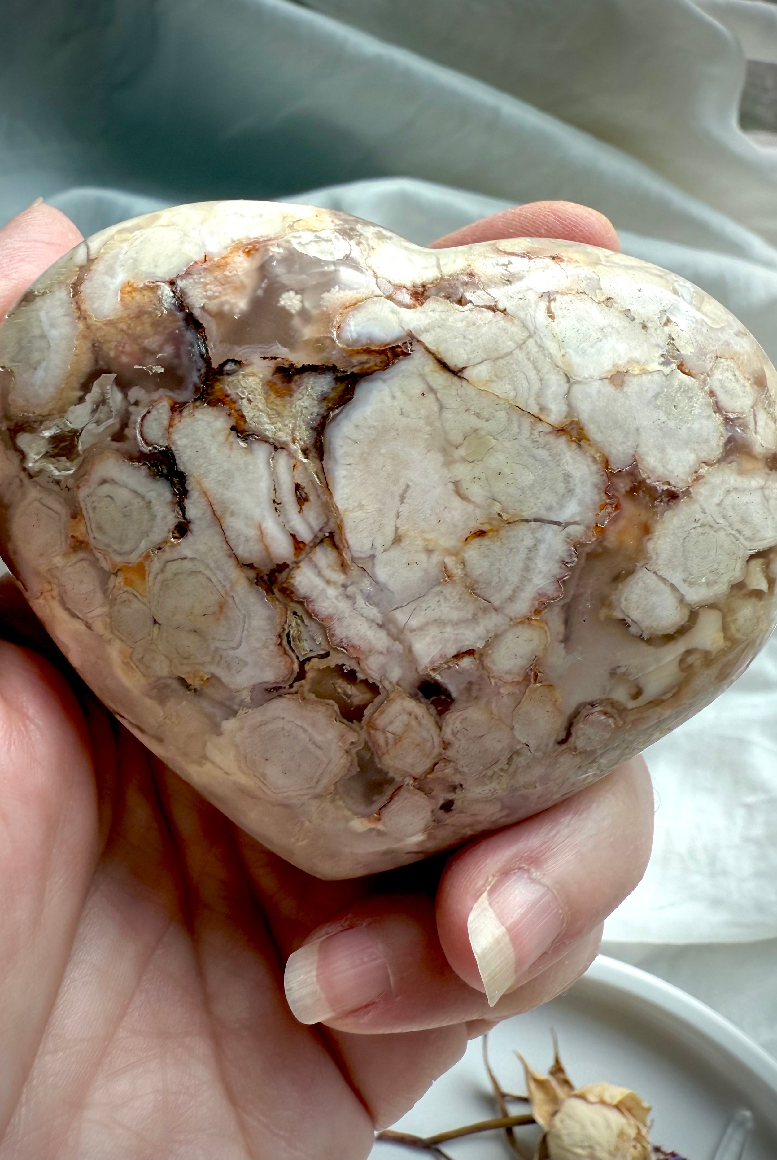 Flower Agate heart held straight-on in hand, highlighting delicate flower-like inclusions — healing crystal for emotional renewal, grounding, and gentle transformation.