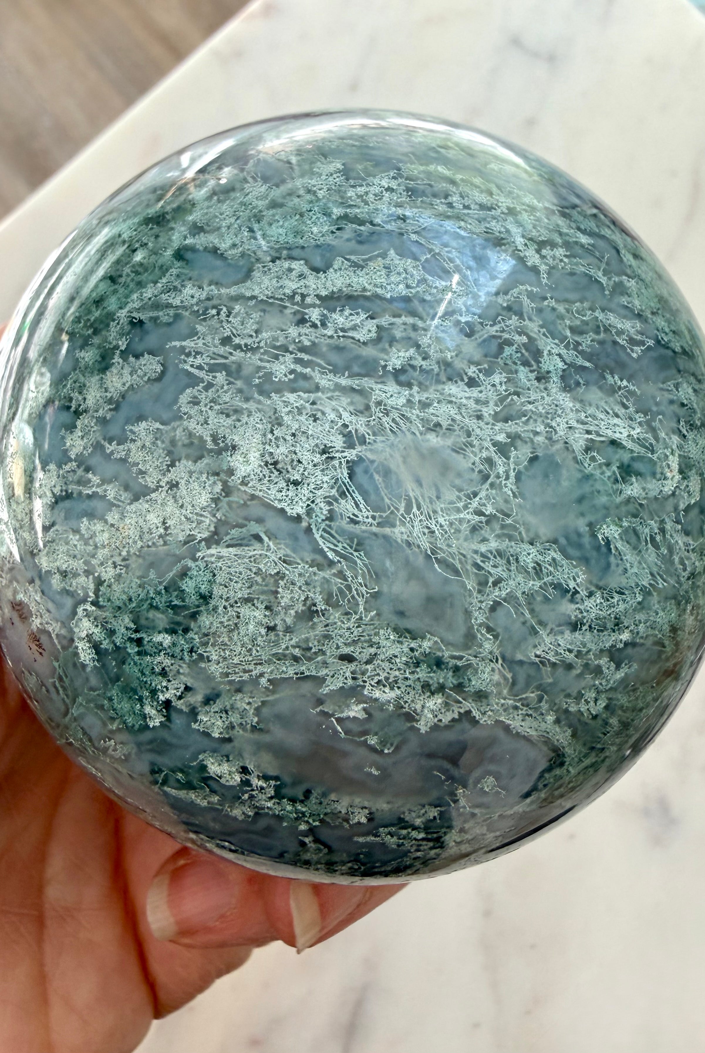 Moss Agate display sphere with Quartz veining for meditation, crystal decor, and sacred spaces