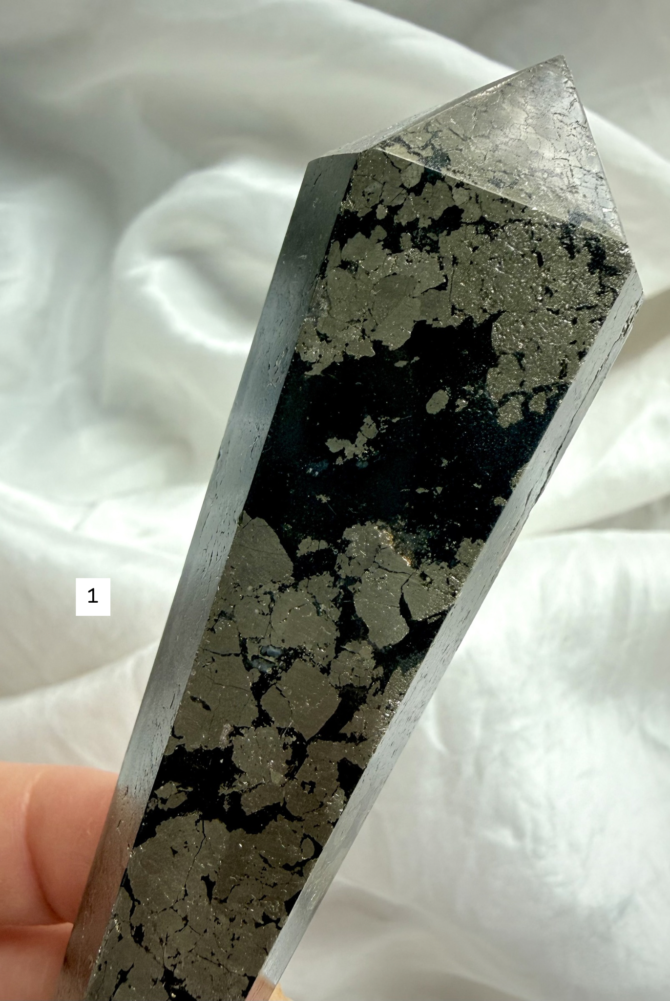 pyrite in black matrix crystal point close up showing metallic gold pattern