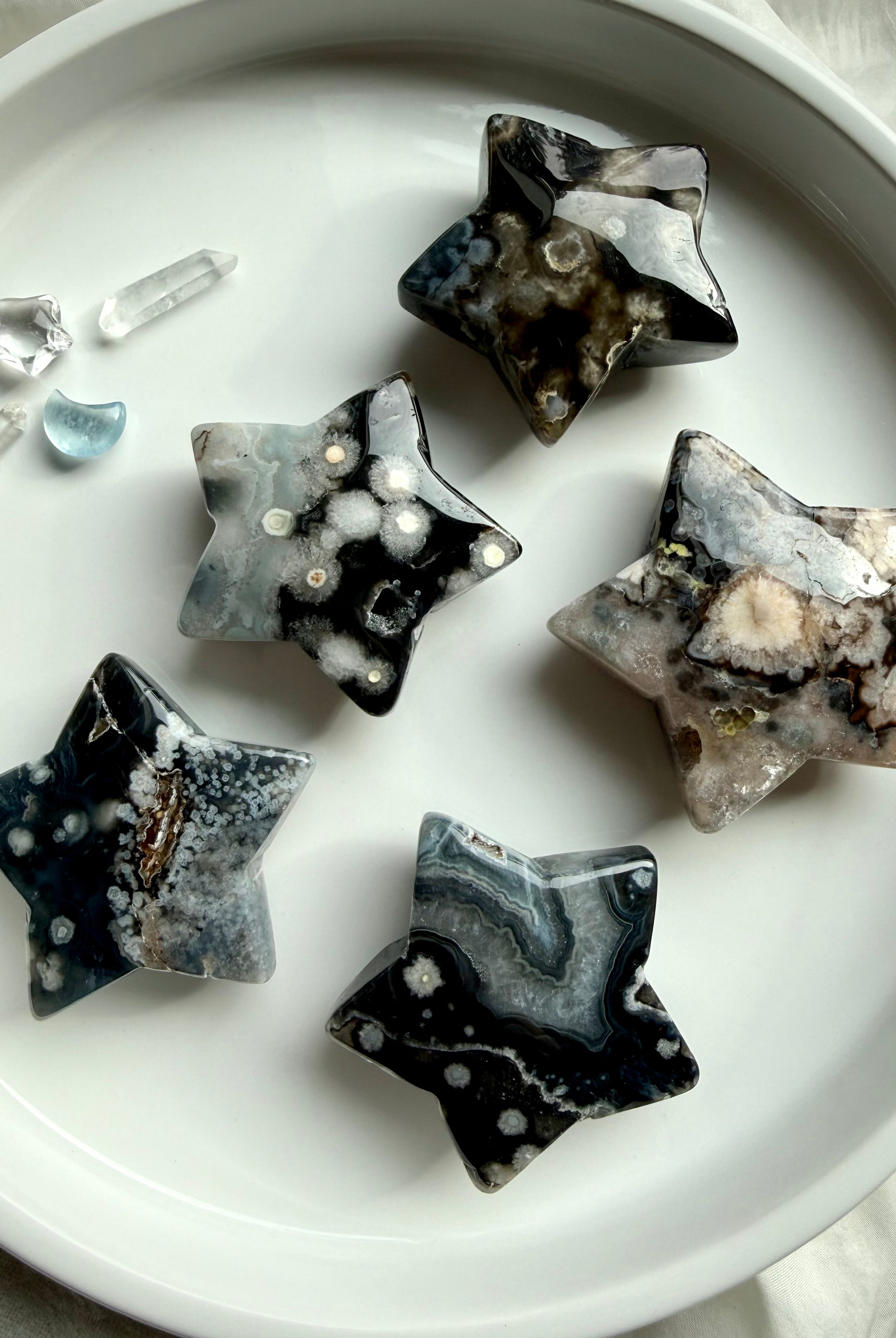 black flower agate star carvings choose your own crystal stars with natural white floral plume patterns and polished finish