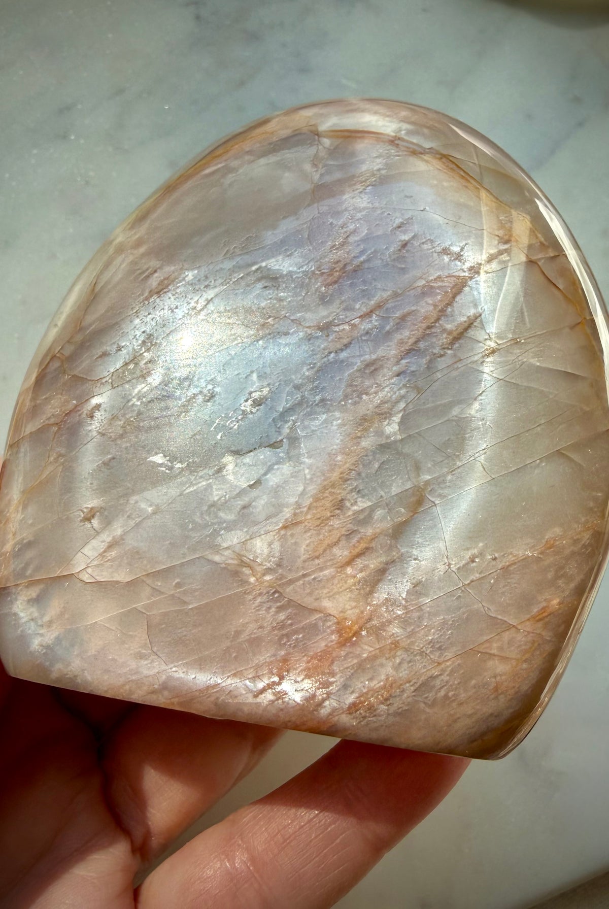 Peach Moonstone freeform showing silvery Moonstone shimmer with warm golden undertones and natural feldspar character