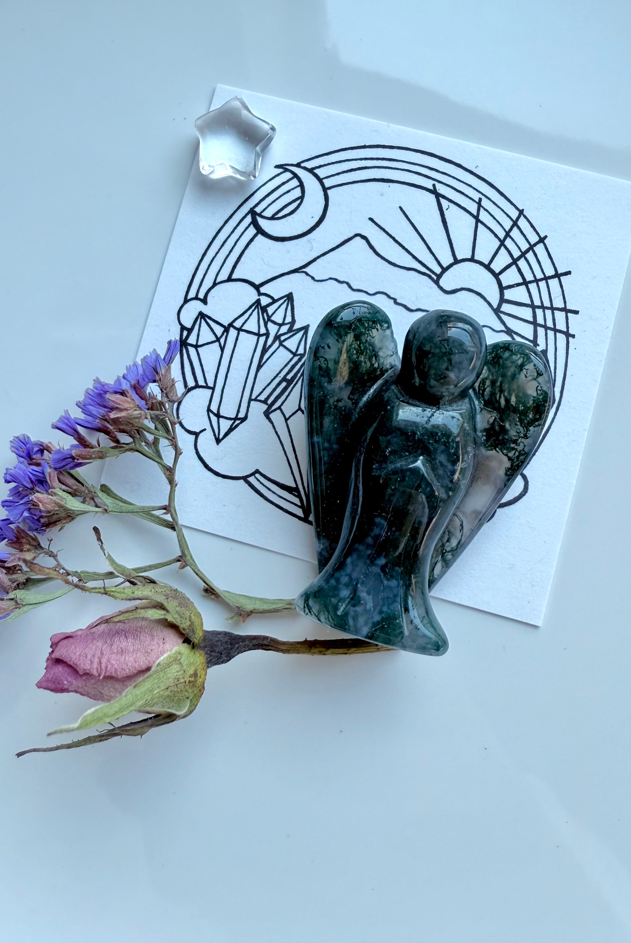 Moss Agate Crystal Angel with Clear Quartz star and mini dried flower bouquet on celestial info card.