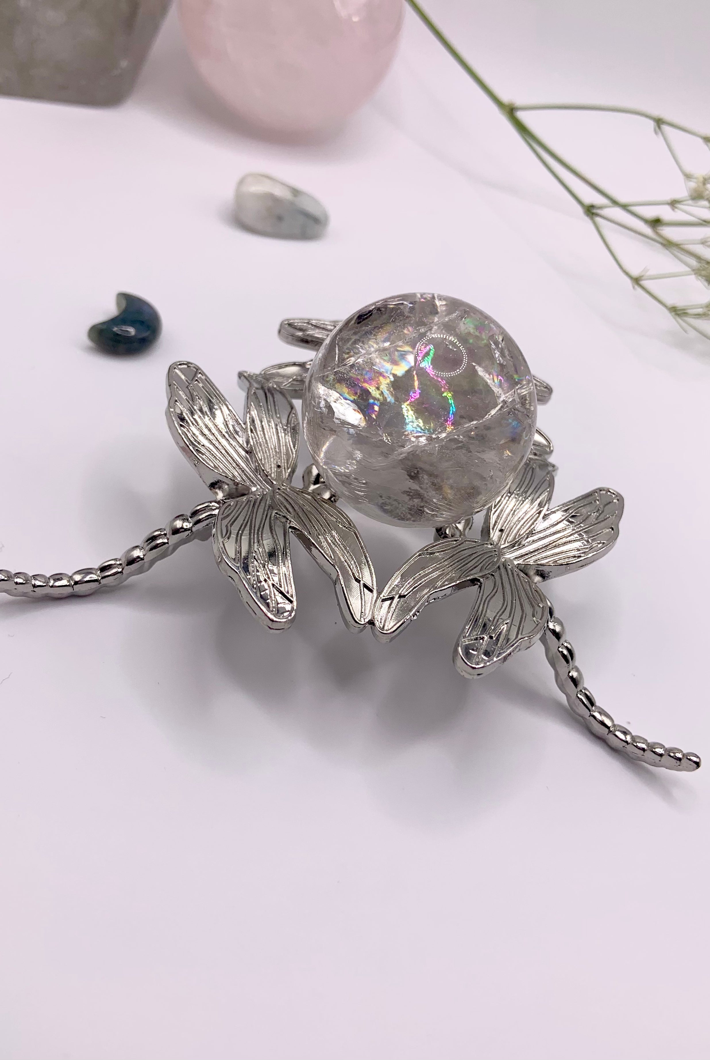 The larger crystal sphere stand option shown with a 30mm carnelian sphere