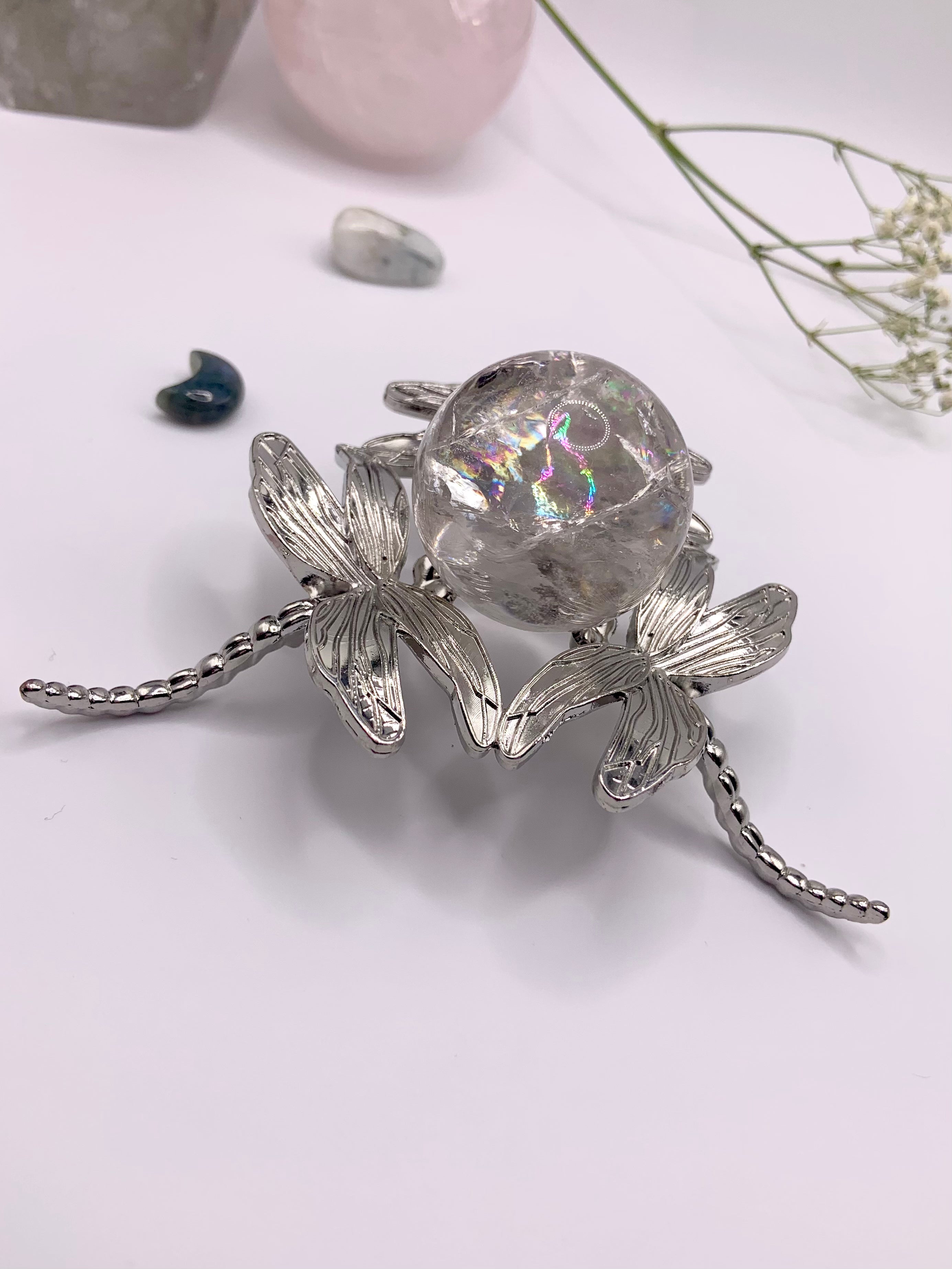 The larger crystal sphere stand option shown with a 30mm carnelian sphere