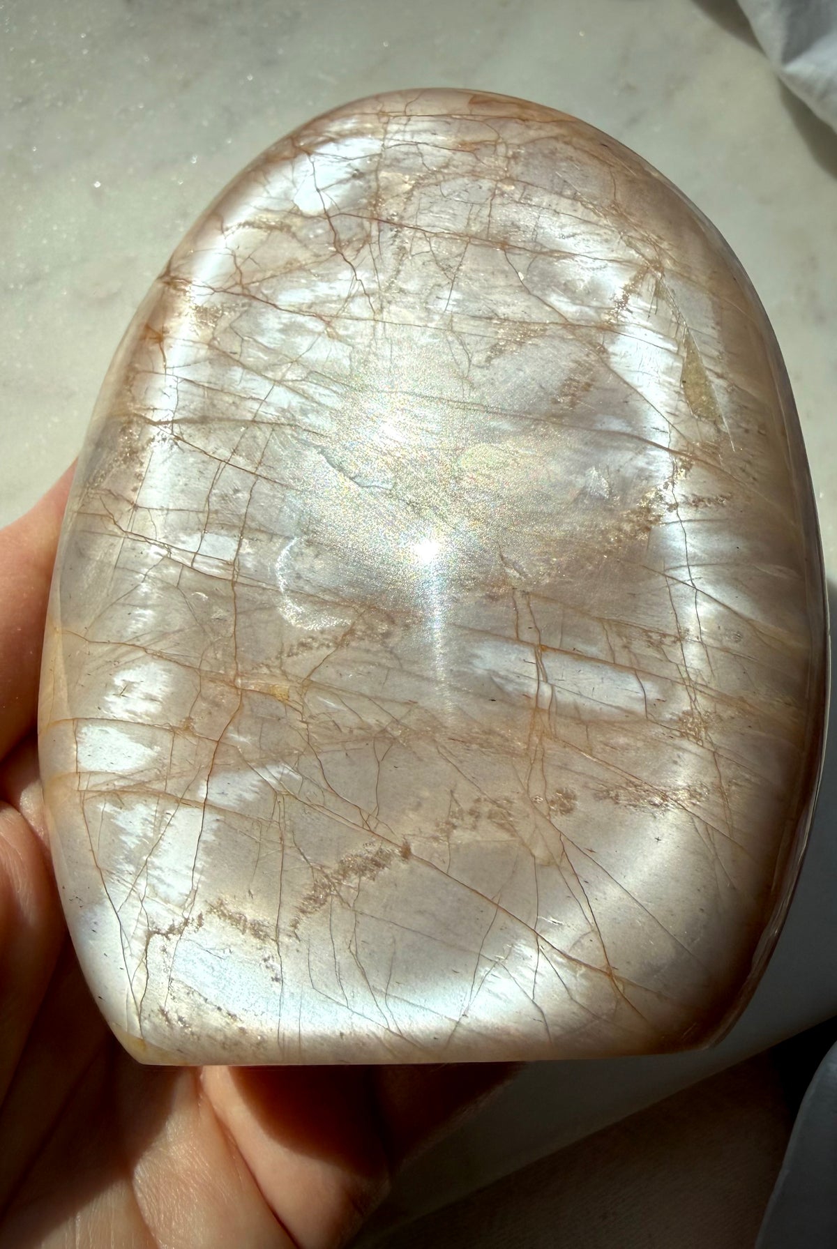 One-of-a-kind Peach Moonstone crystal freeform with glowing silvery shimmer for intuition, meditation and emotional healing
