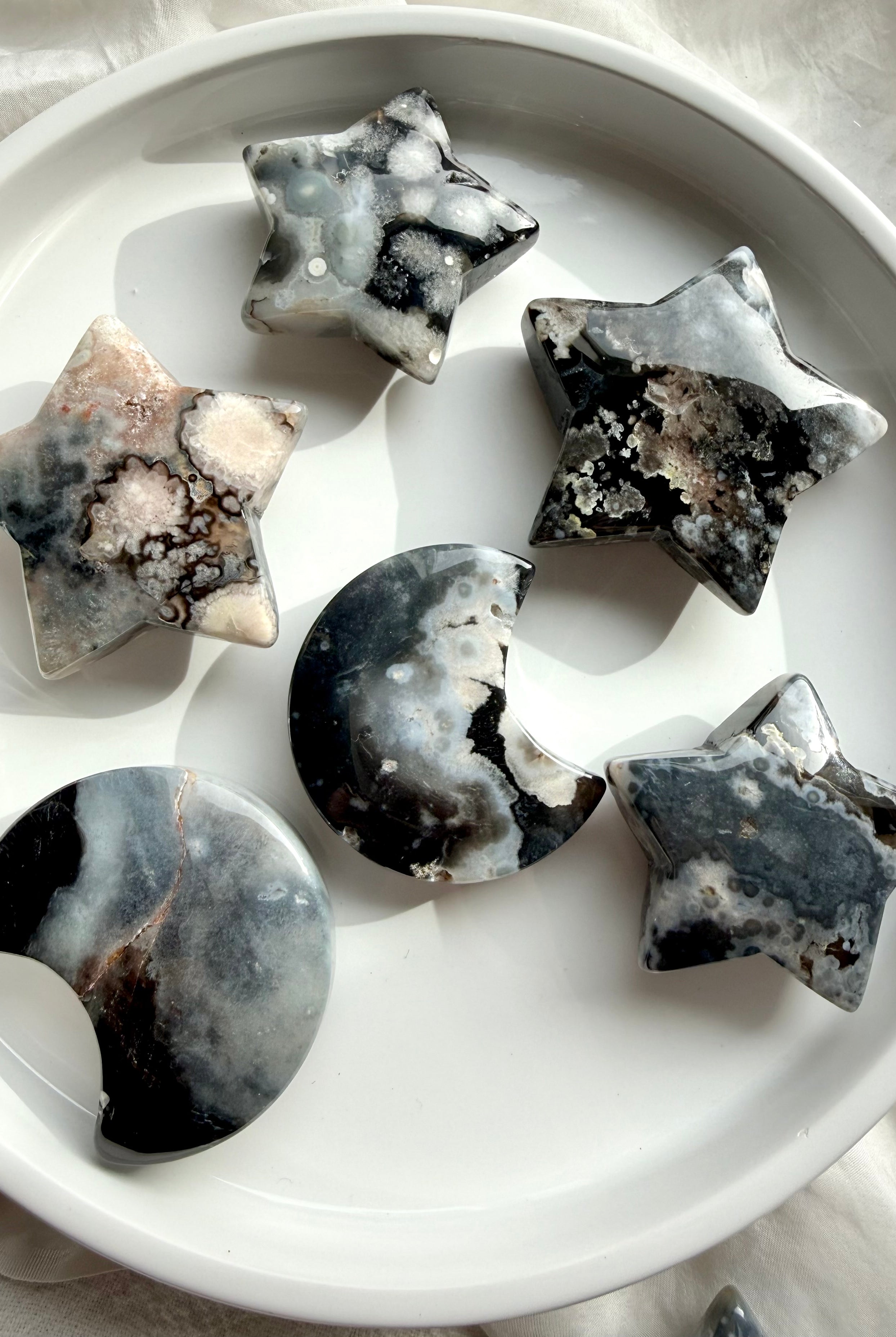 black flower agate moon and star carvings choose your own crystal set with natural floral plume patterns
