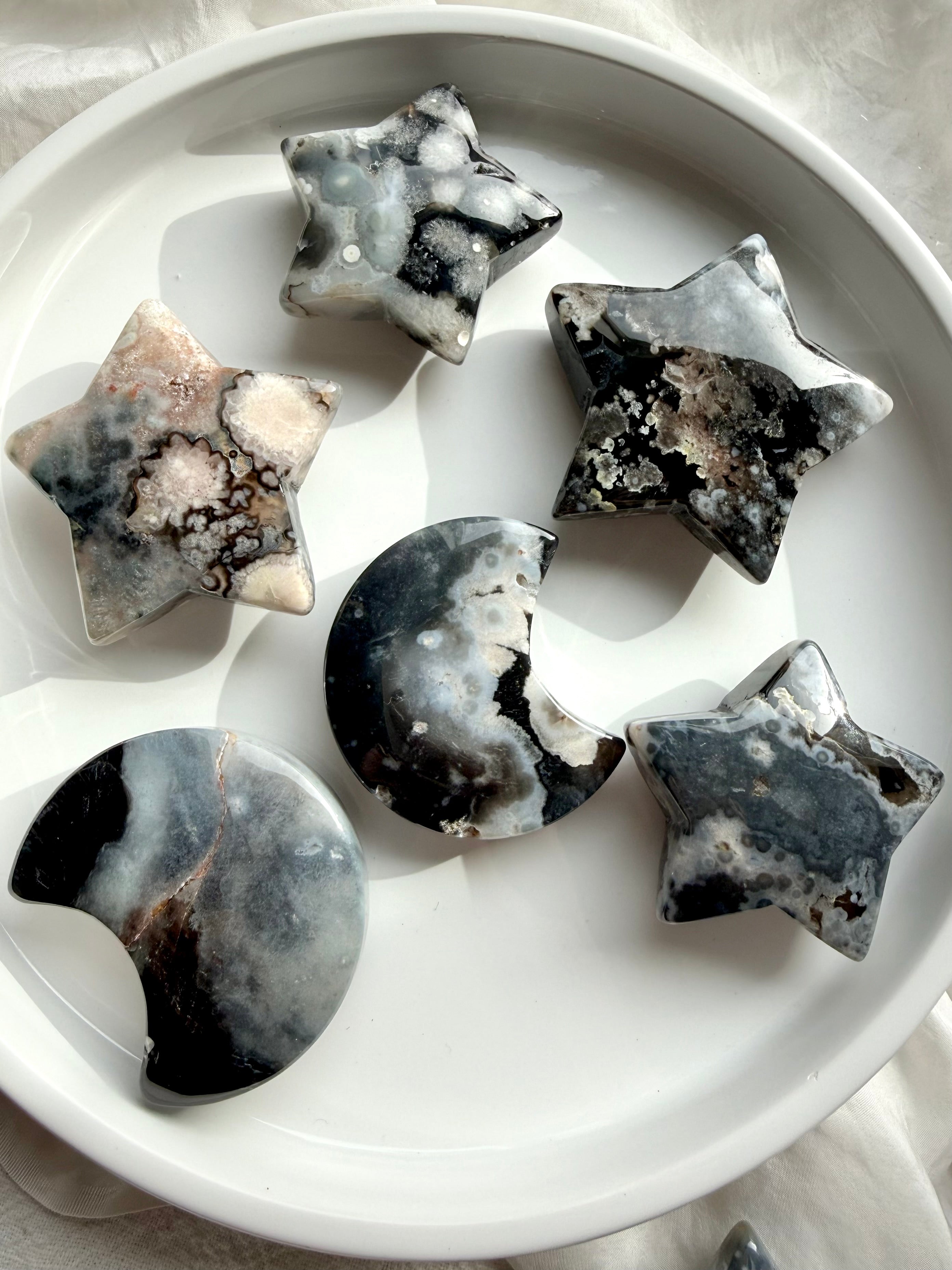 black flower agate moon and star carvings choose your own crystal set with natural floral plume patterns