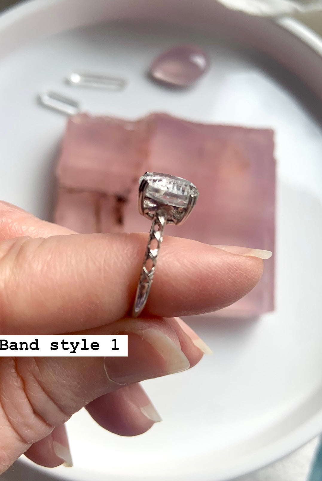 Side view of Band Style 1 – Clear Quartz Crescent Moon Ring with adjustable size S925 sterling silver band