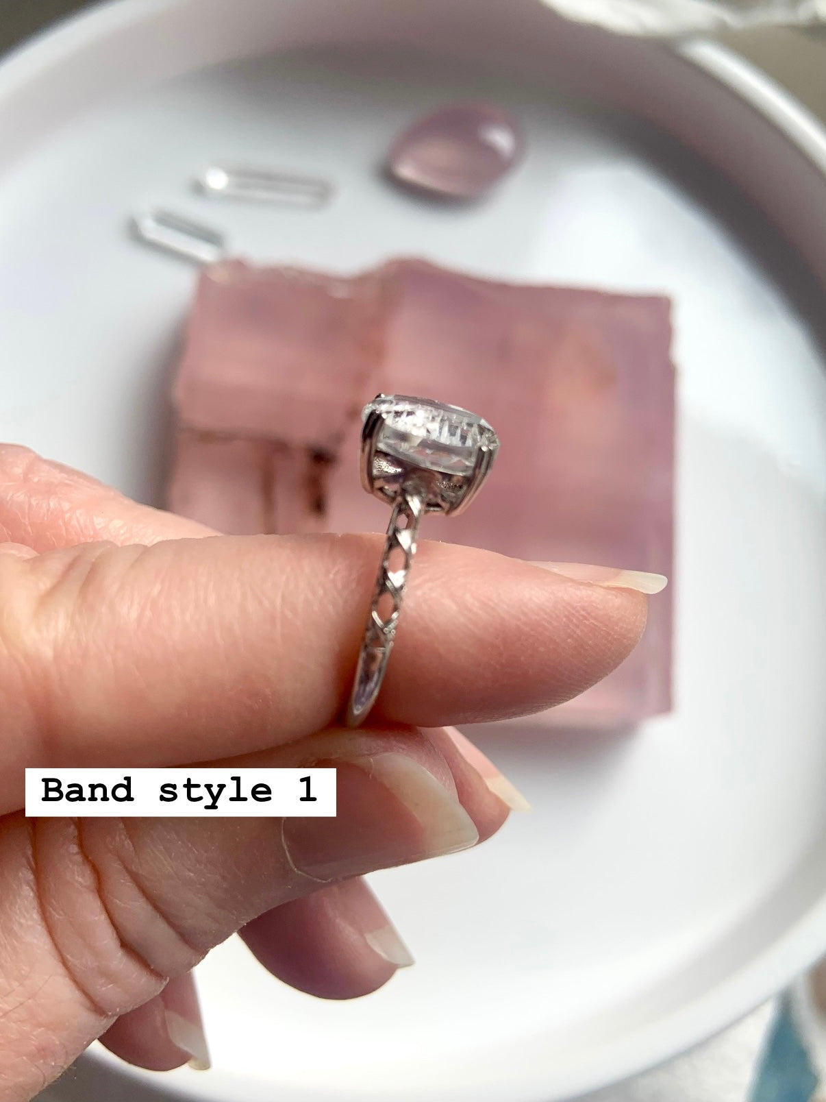 Side view of Band Style 1 – Clear Quartz Crescent Moon Ring with adjustable size S925 sterling silver band