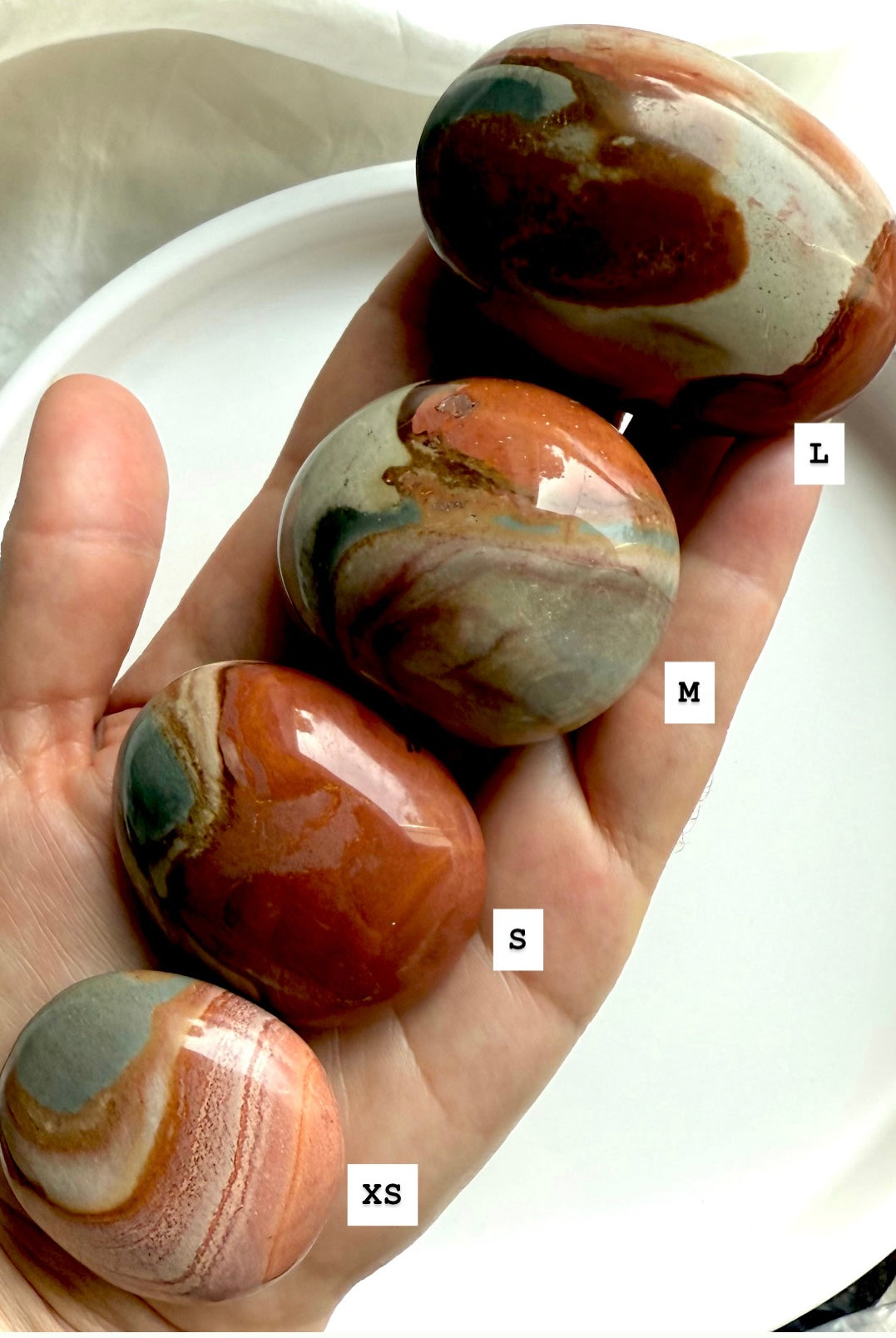 Three sizes of Polychrome Jasper palm stones shown in hand, labeled XS, S, M, and L