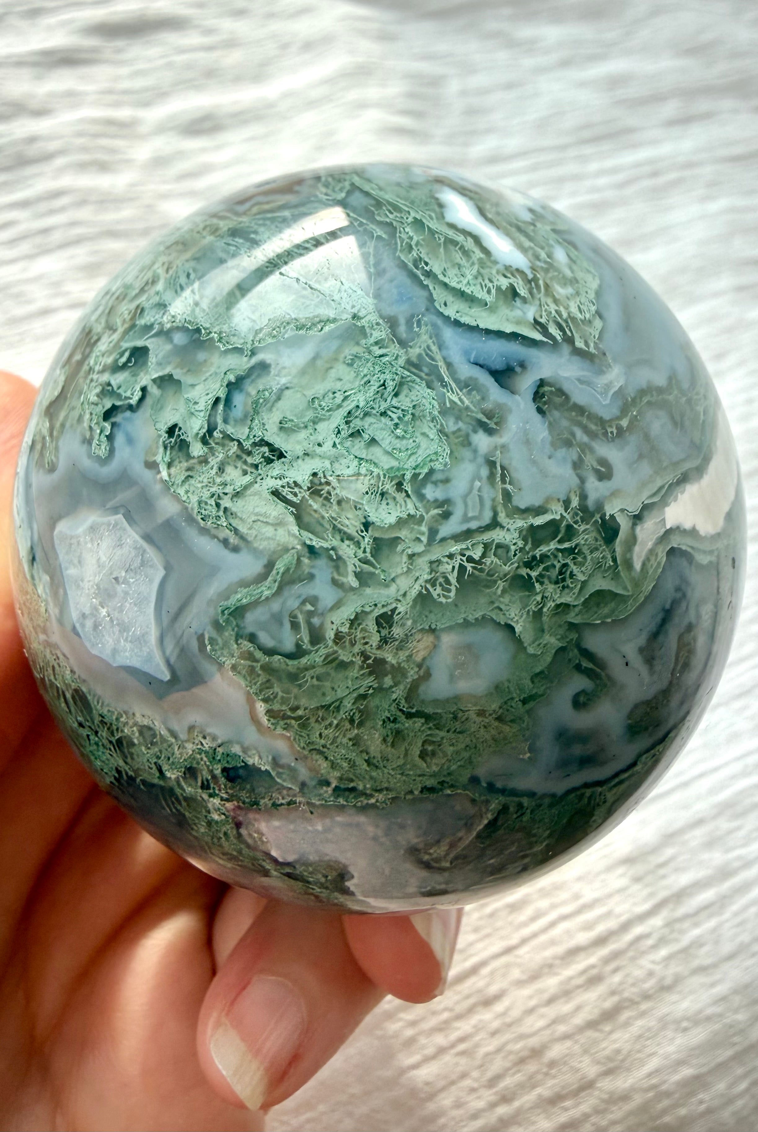 Moss Agate sphere with sparkling Quartz and intricate green dendritic patterns