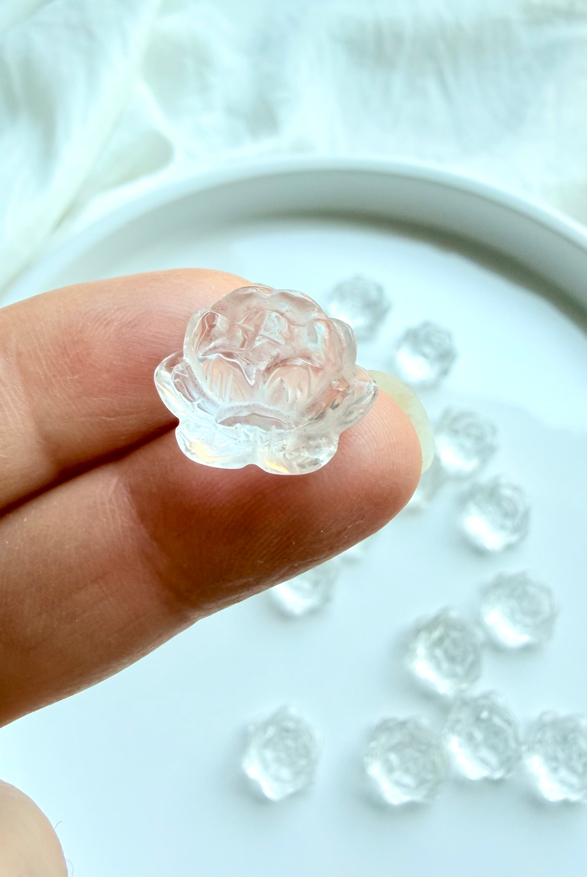 Mini Clear Quartz lotus flower crystal carving with detailed petals for healing, clarity and spiritual growth