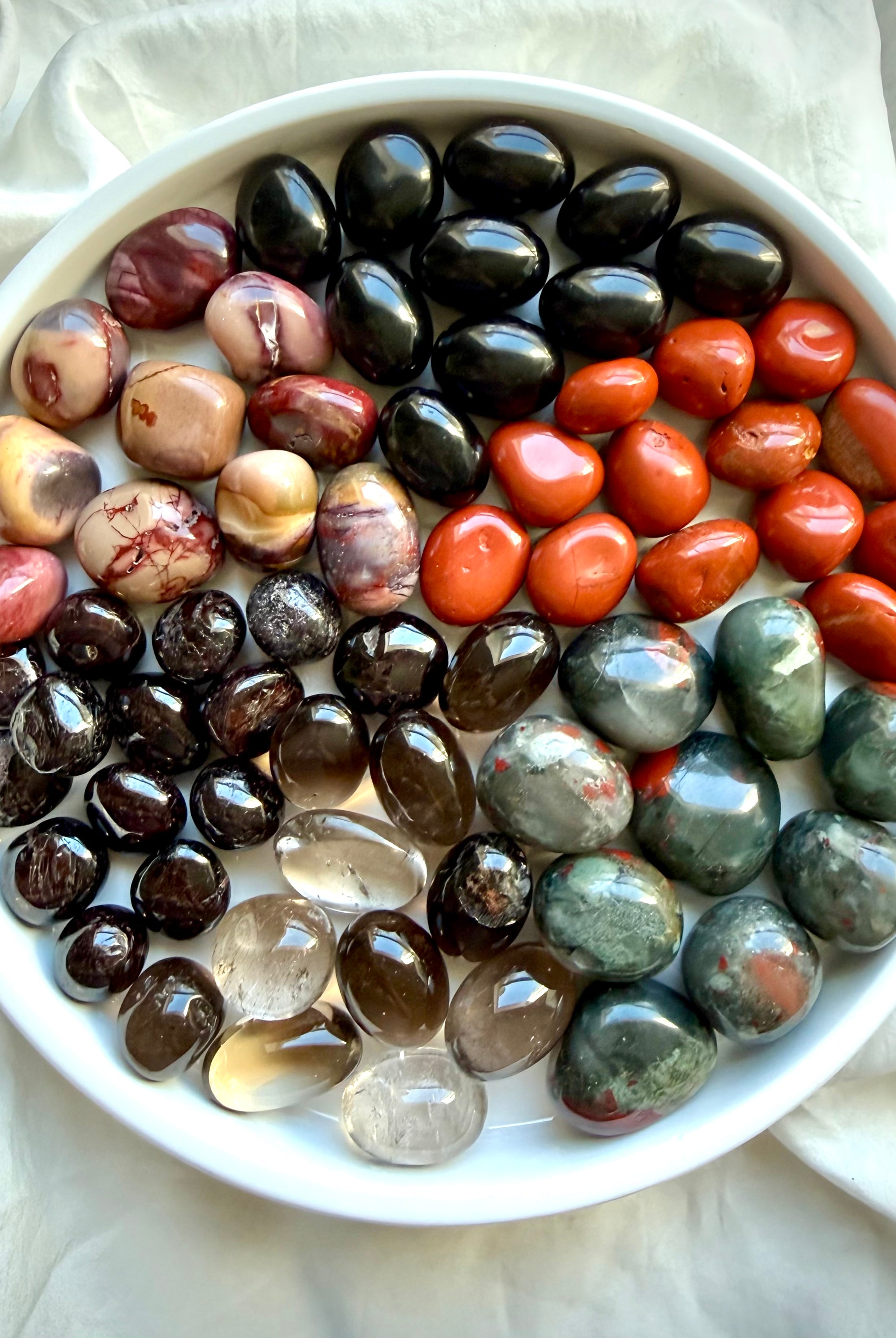 Root Chakra Crystal Set with Bloodstone, Black Obsidian, Red Jasper, Smoky Quartz, Garnet, and Mookaite Jasper