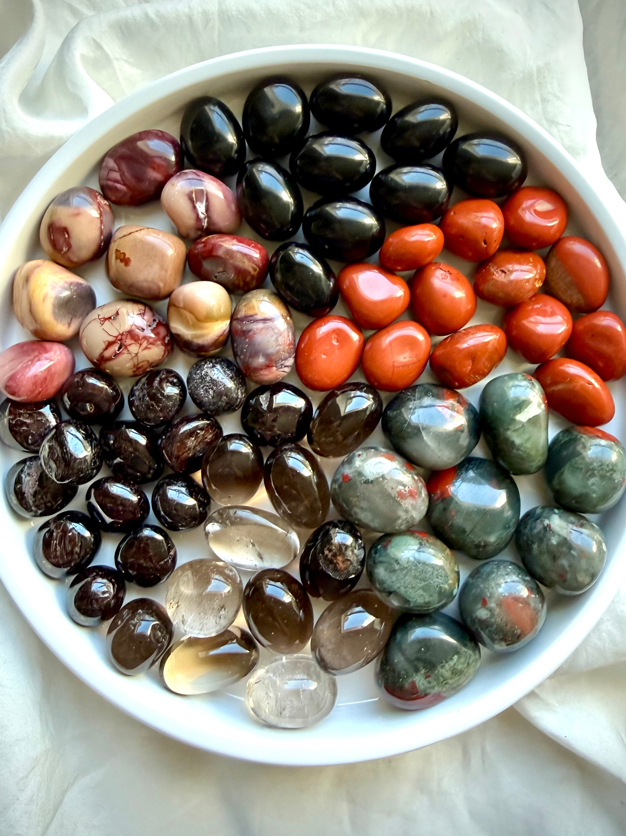 Root Chakra Crystal Set with Bloodstone, Black Obsidian, Red Jasper, Smoky Quartz, Garnet, and Mookaite Jasper