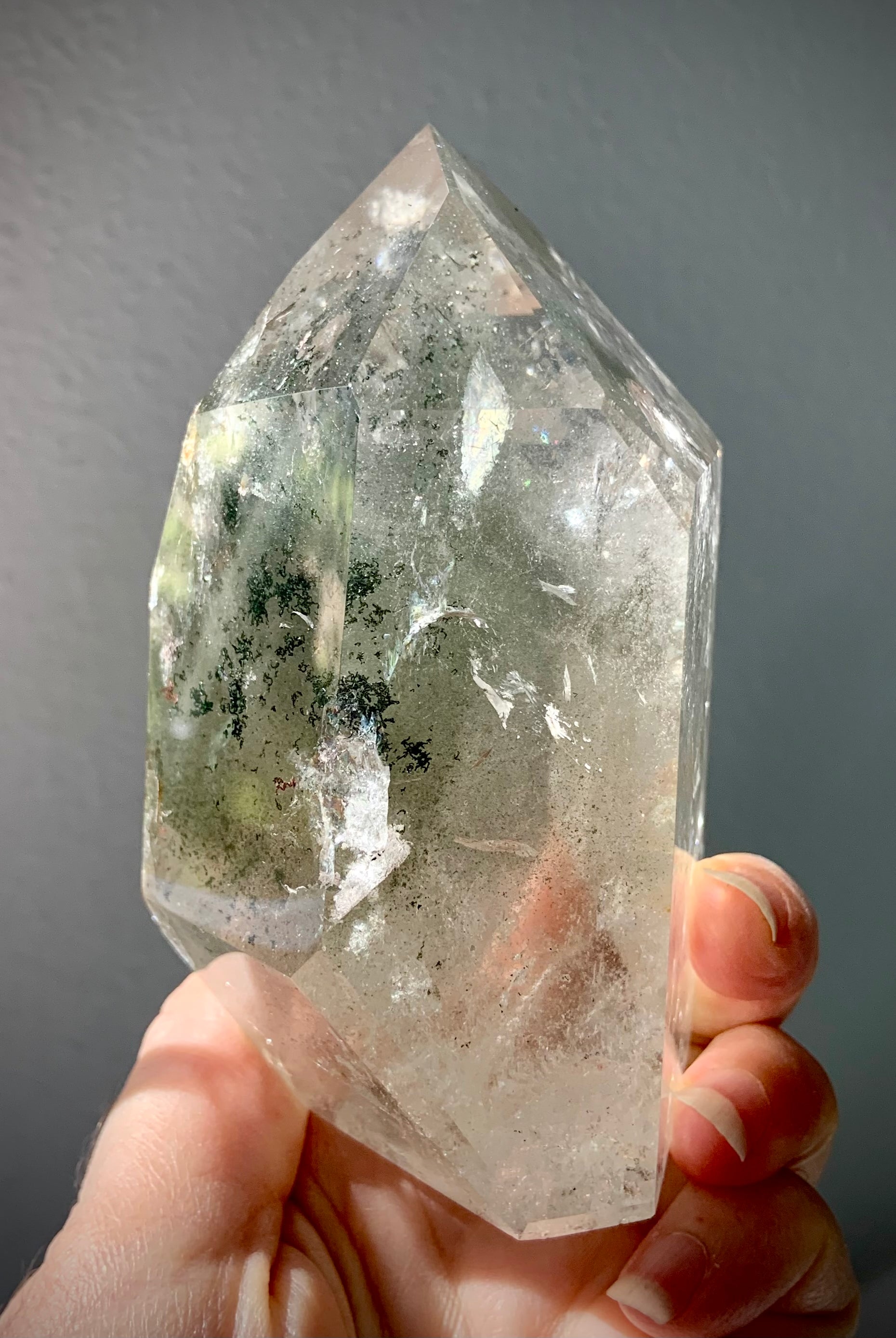 This amazing Garden Quartz Tower is a Master Channeler & Time Link crystal with chlorite phantoms