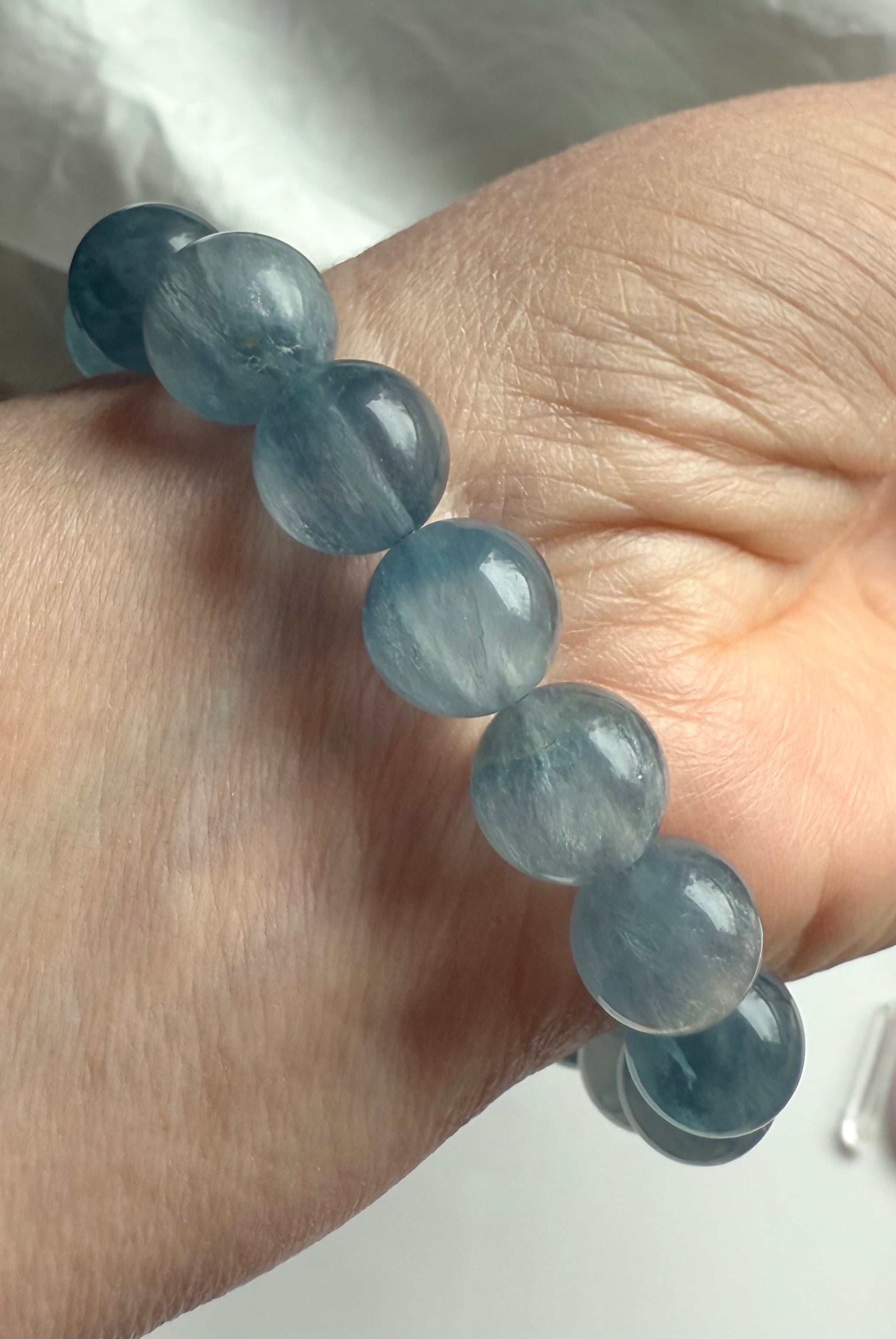 Rare, high quality Ice Blue Fluorite Bracelets with ethereal translucence + silky shimmer