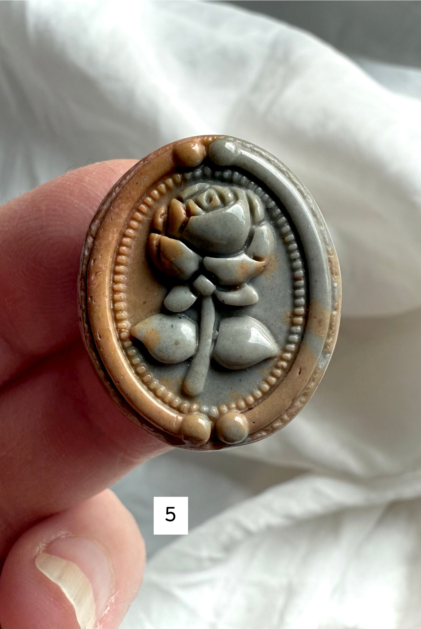 Polychrome Jasper Rose cabochon #5 showing sage green, tan, and natural stone banding