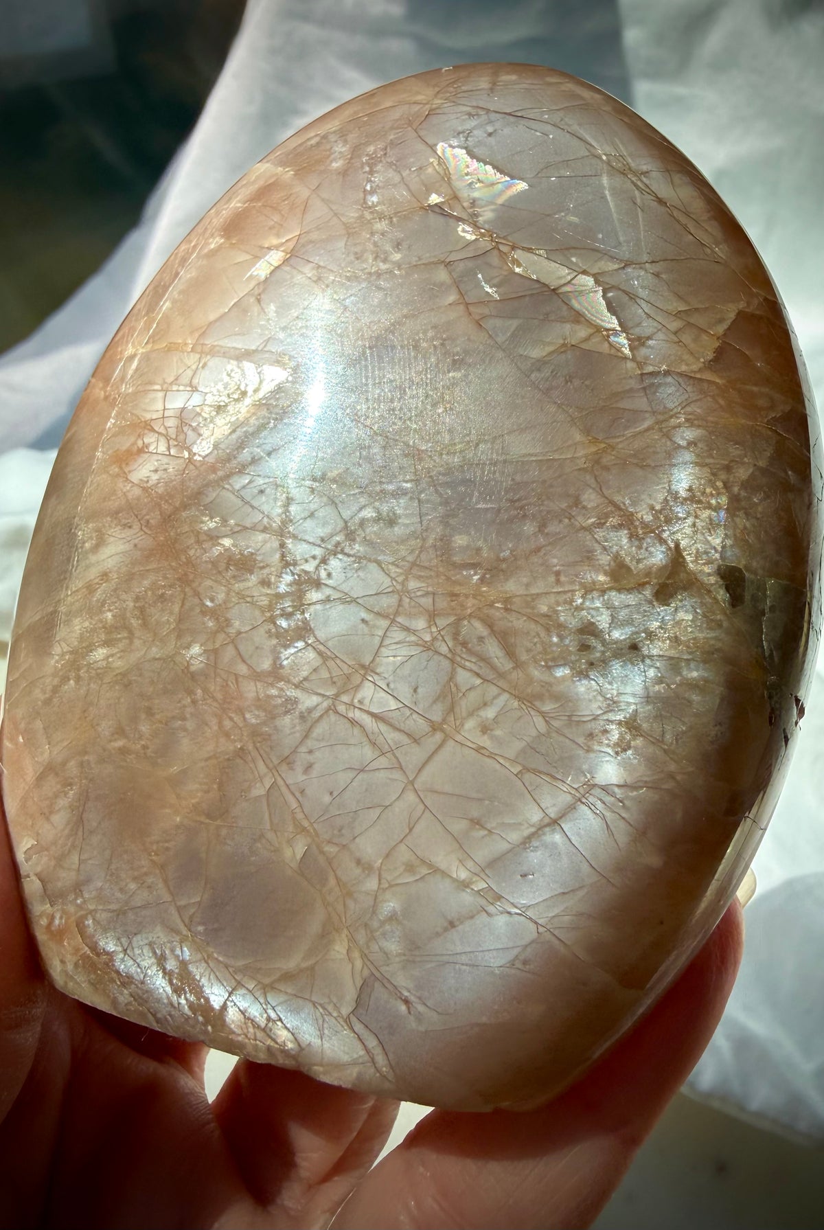 Rainbow Moonstone shimmer across a polished Peach Moonstone freeform with warm peach color and natural feldspar patterns