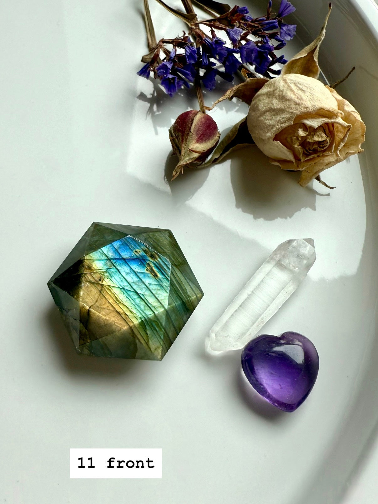 Flashy Labradorite hexagon crystal carving with faceted sacred geometry shape
