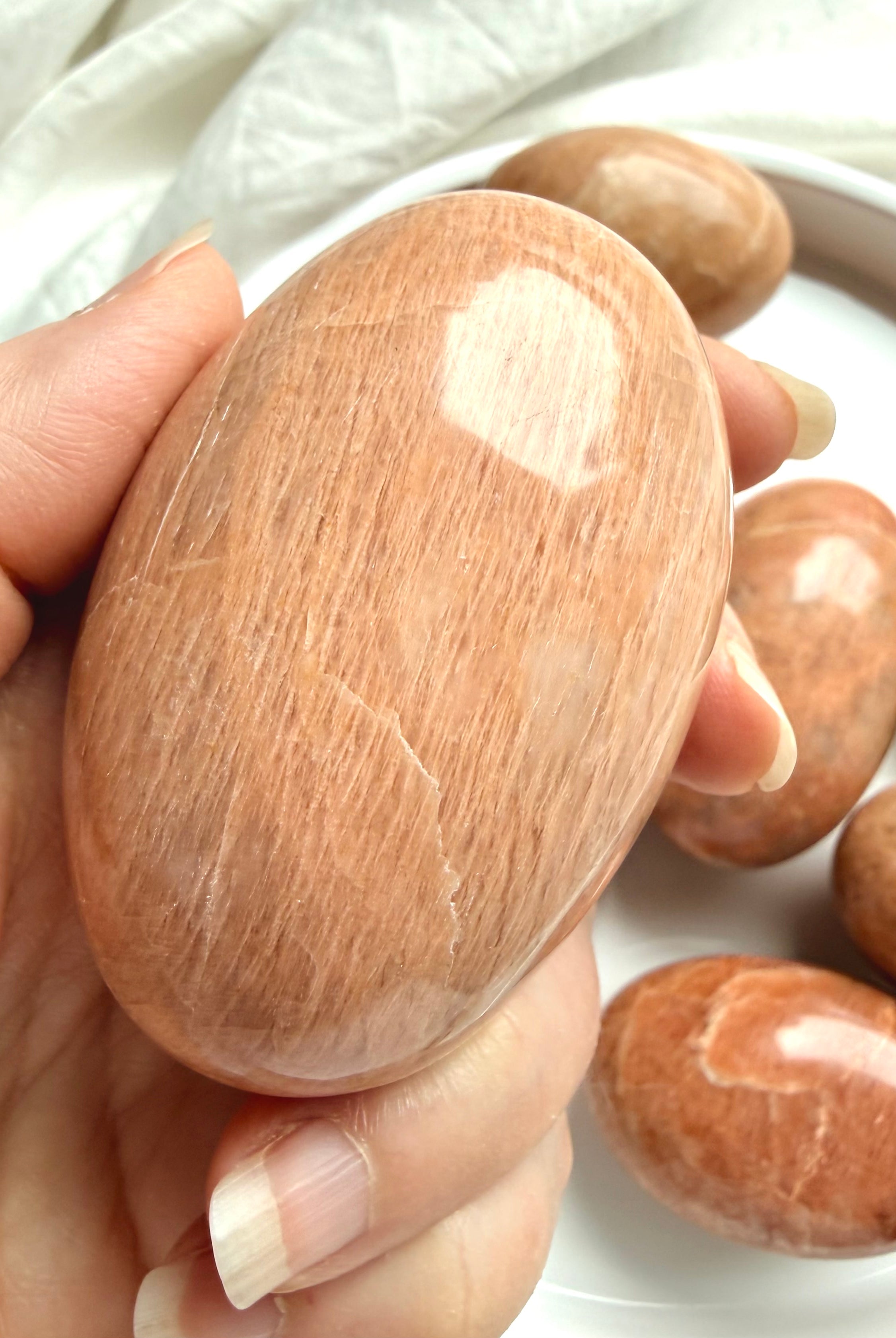 Collection of large Peach Moonstone palm stones with rounded polished oval shapes and natural color variation