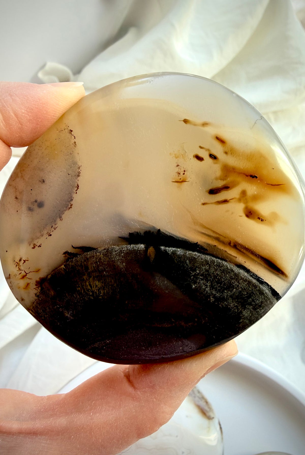 One-of-a-kind Dendritic Agate freeform with dramatic dark brown inclusions, creamy ivory Agate and natural landscape patterns