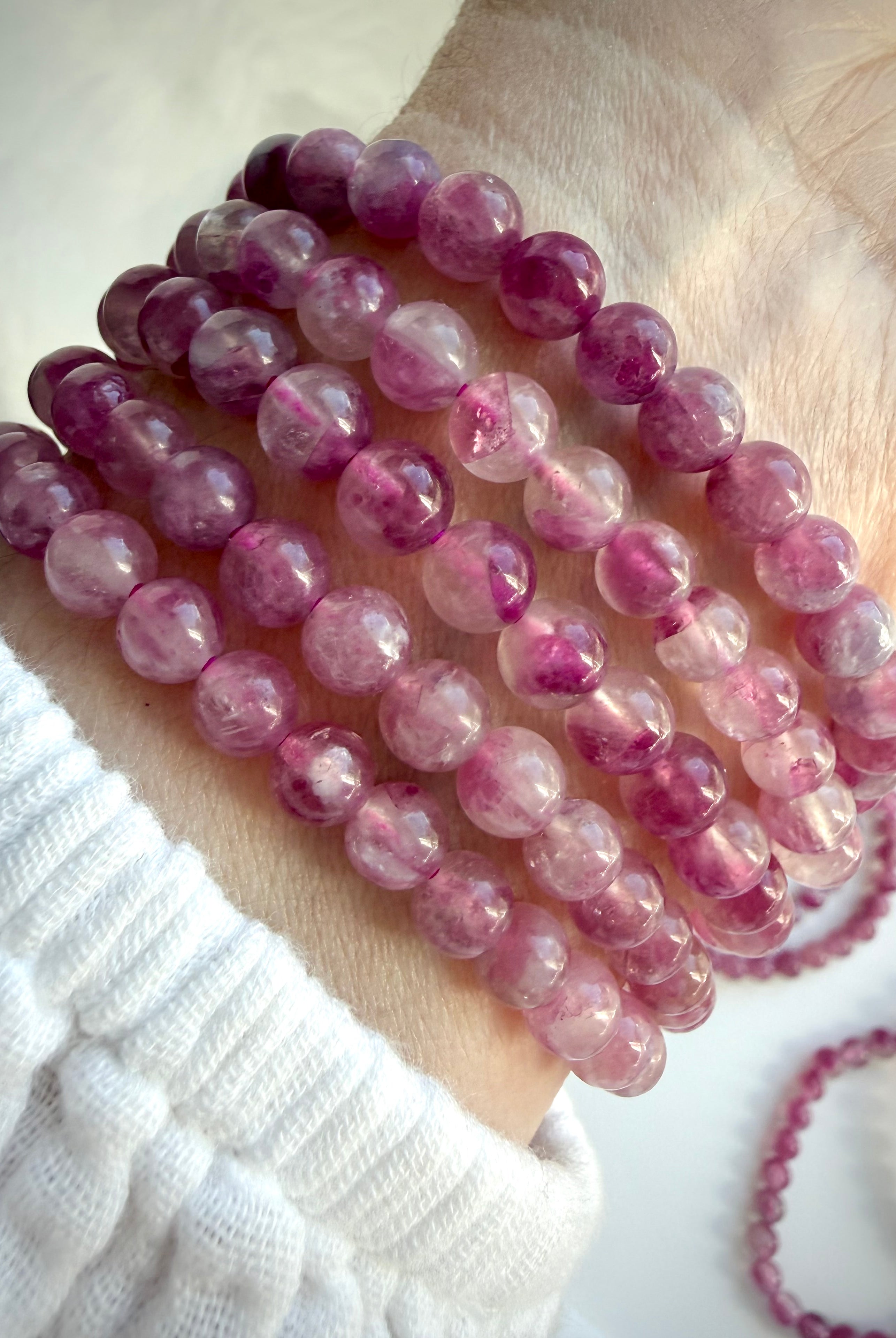 Pink Tourmaline bracelet stack showing luminous pink gemstone beads with natural transparency and romantic berry tones